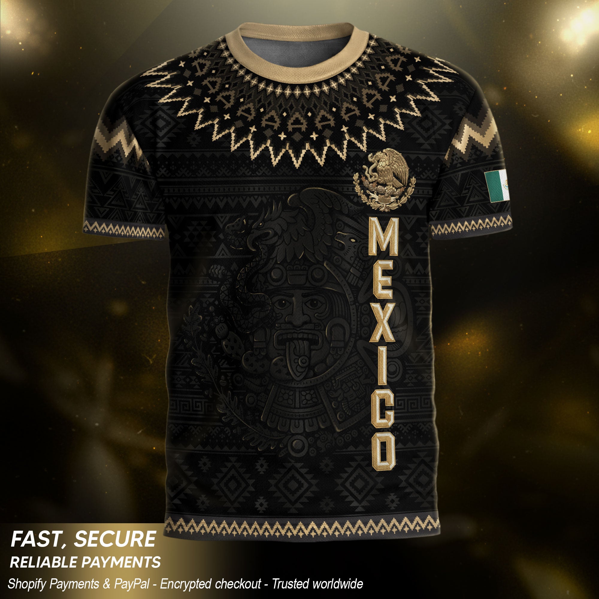 Mexico Heritage Soccer Jersey, Black Gold Aztec Pattern Design Jersey For Men