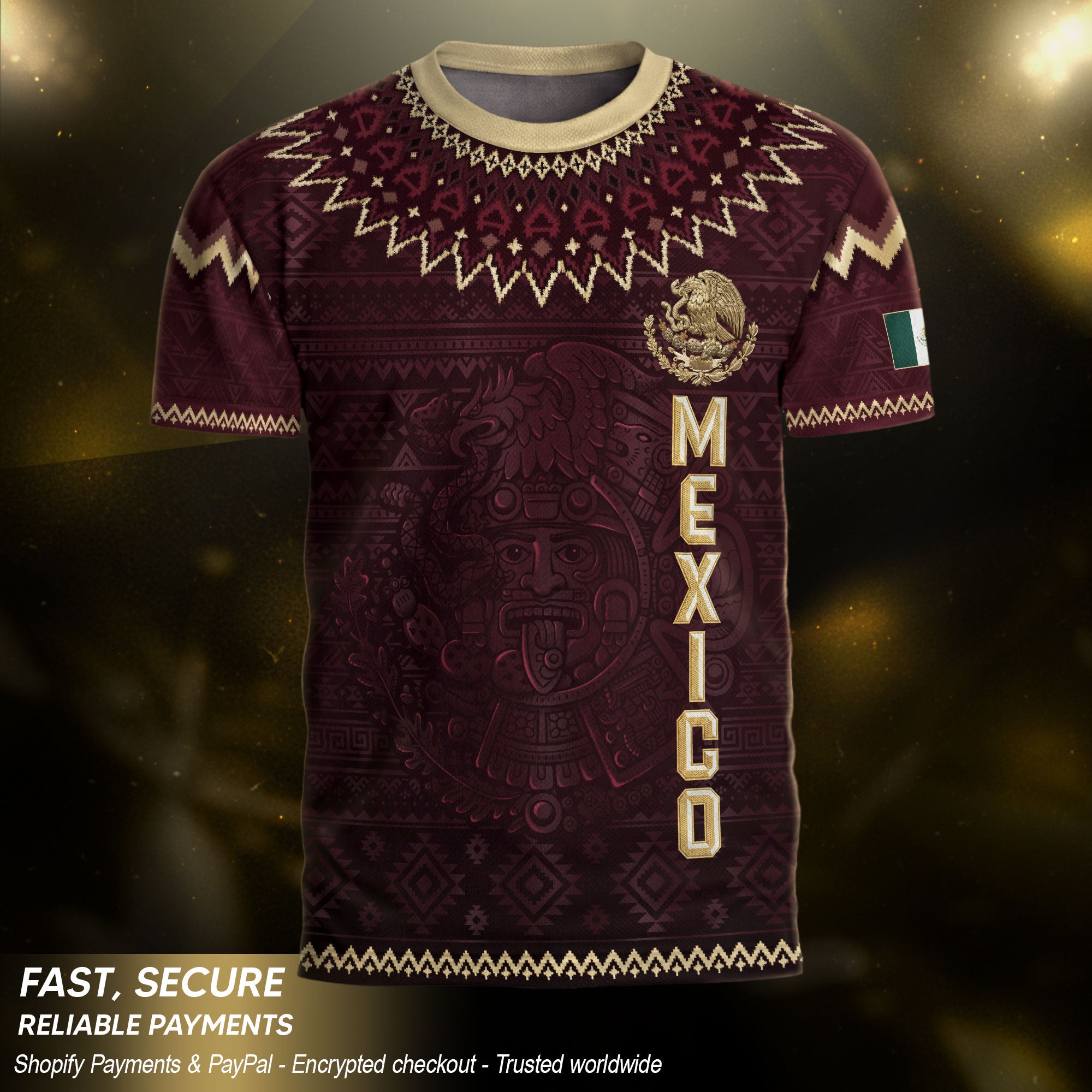 Mexico Heritage Soccer Jersey, Maroon Burgundy Gold Aztec Eagle Design Sports Jersey for Men