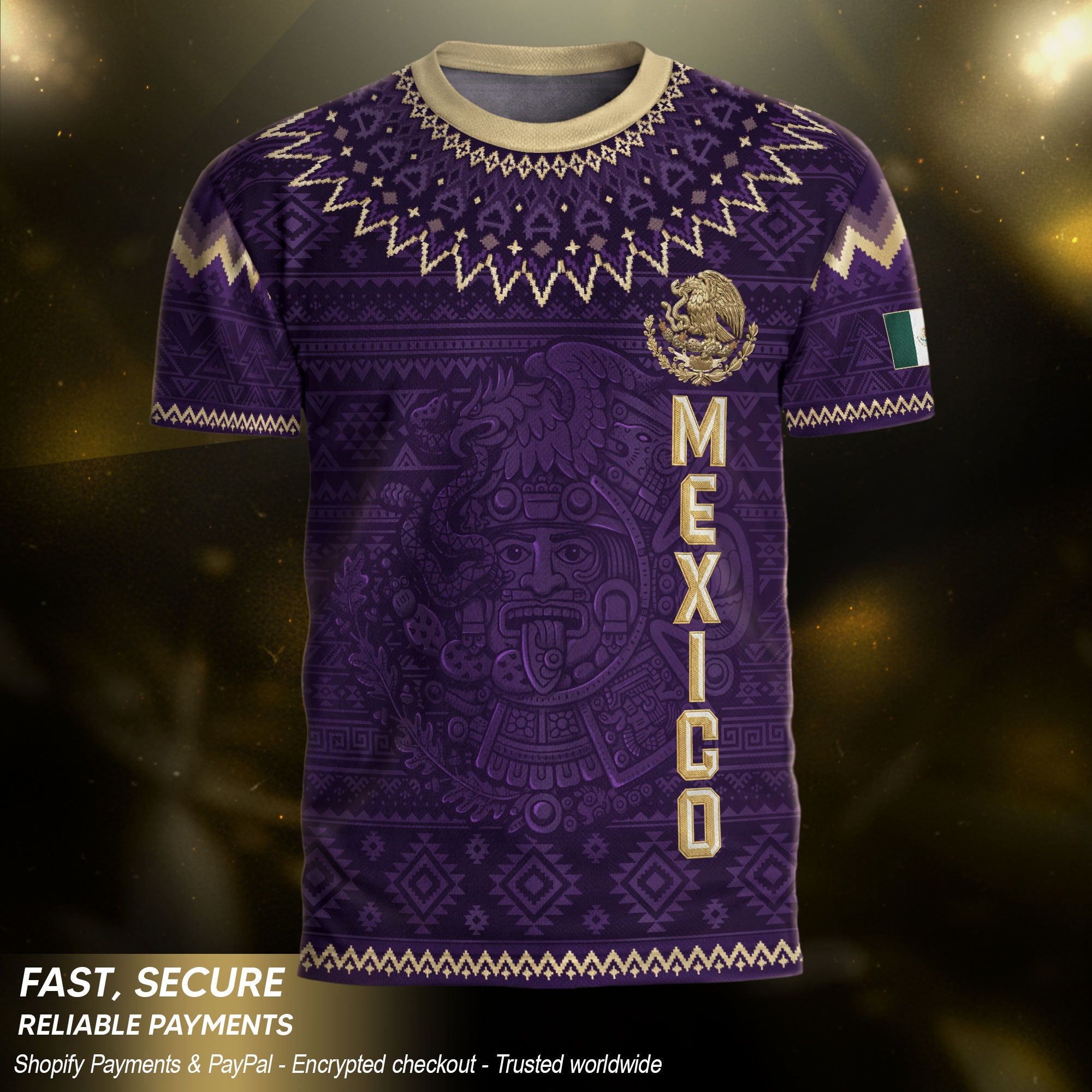 Mexico Heritage Soccer Jersey, Purple Gold Aztec Calendar Design Sports Jersey for Men