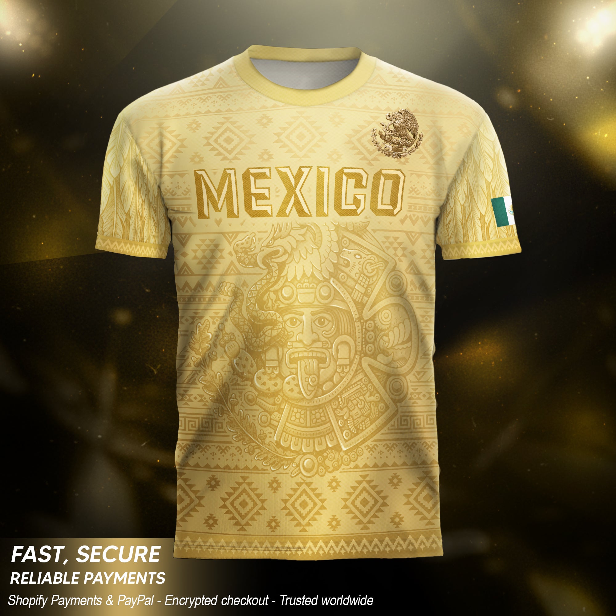 Mexico Heritage Soccer Jersey, Yellow Gold Aztec Calendar Design Sports Jersey for Men