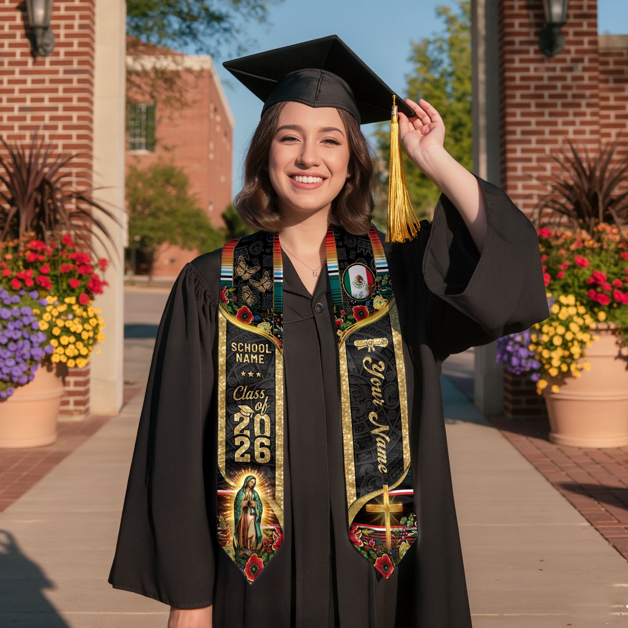 Custom Mexican Graduation Stole 2026 Mexico Sash Butterfly Virgin Mary Aztec Patterns
