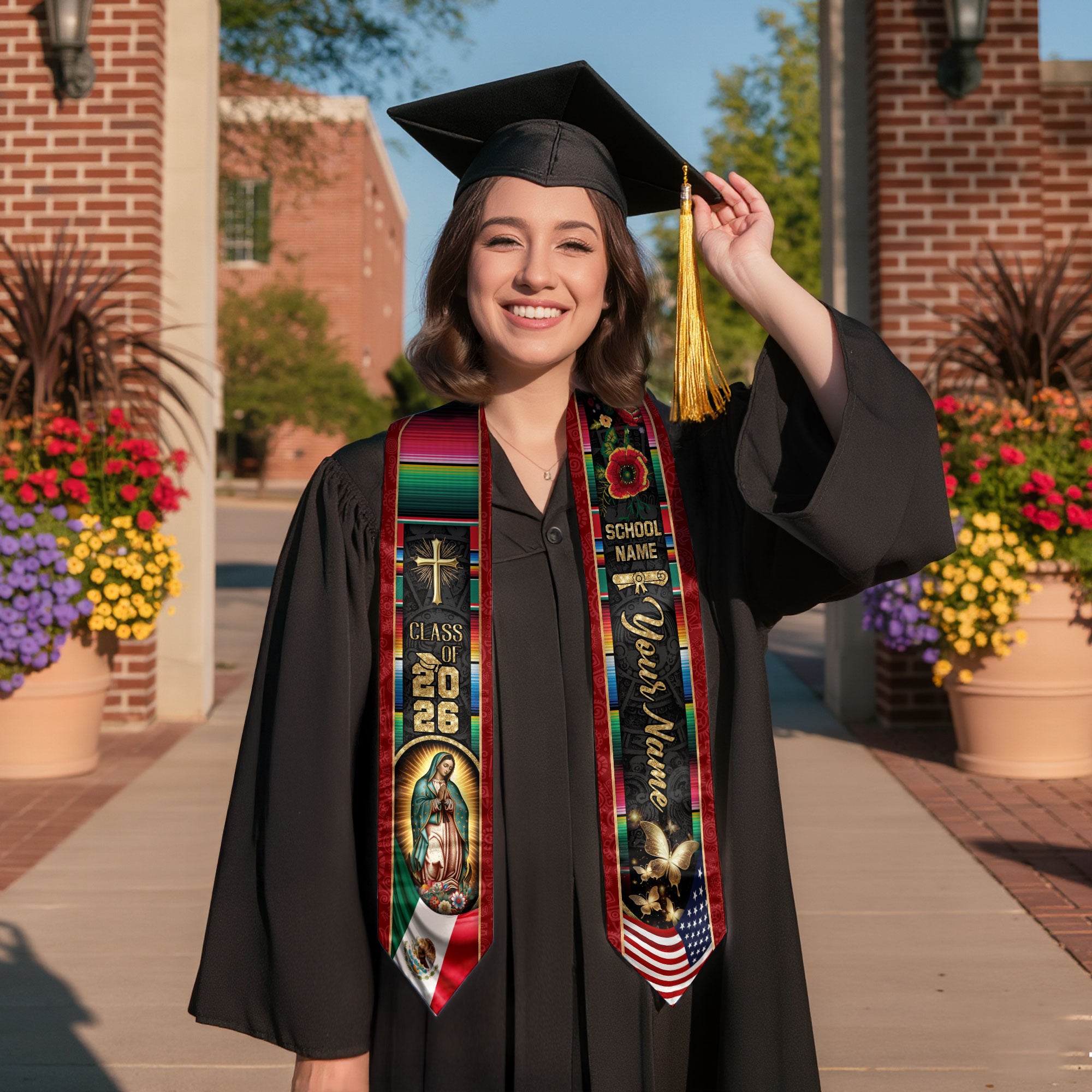 Custom Mexican Graduation Stole 2026 Mexico Sash Virgin Mary Butterfly Aztec Patterns