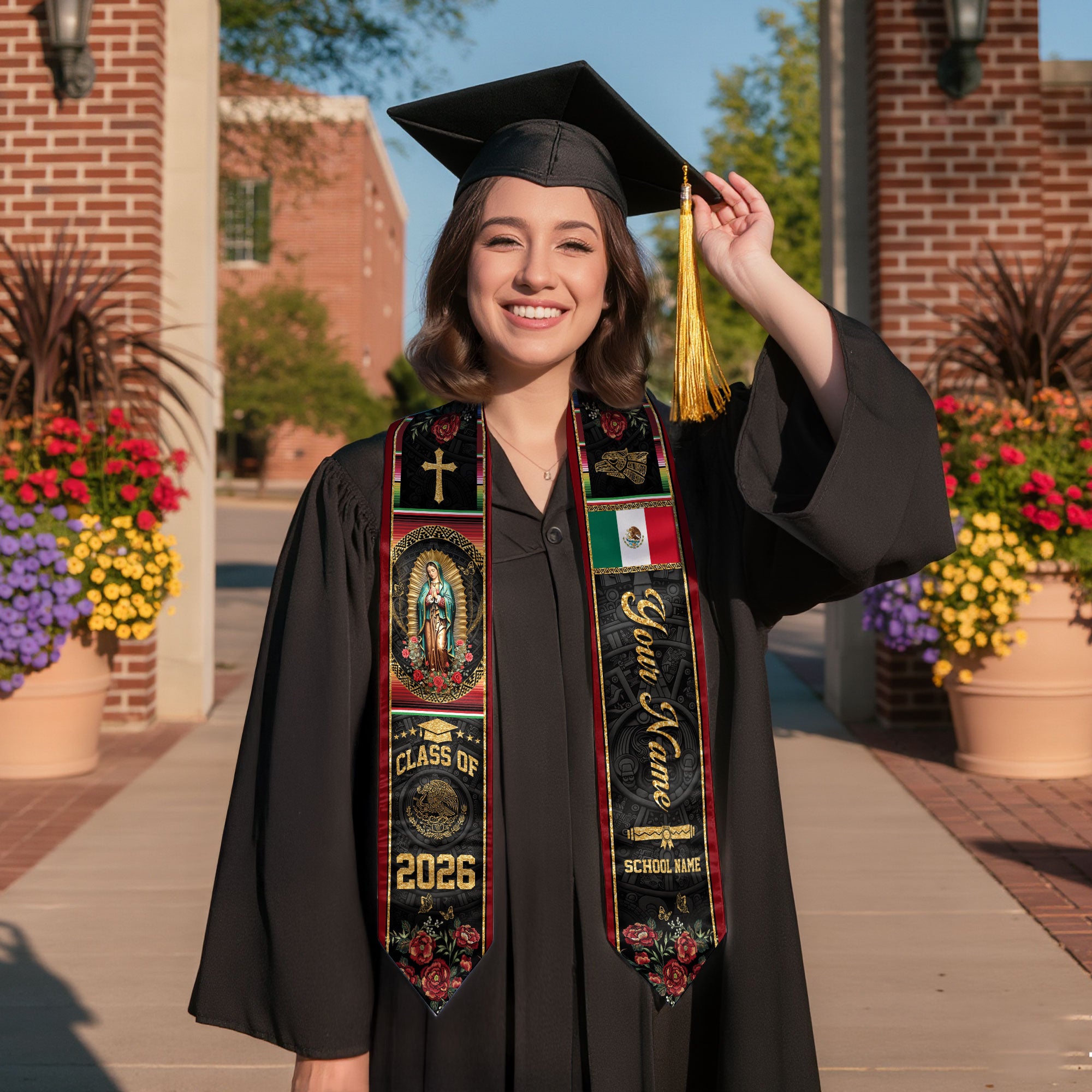 Custom Mexican Graduation Stole 2026 Virgin Mary Cross Flag Aztec Pattern Mexico Sash