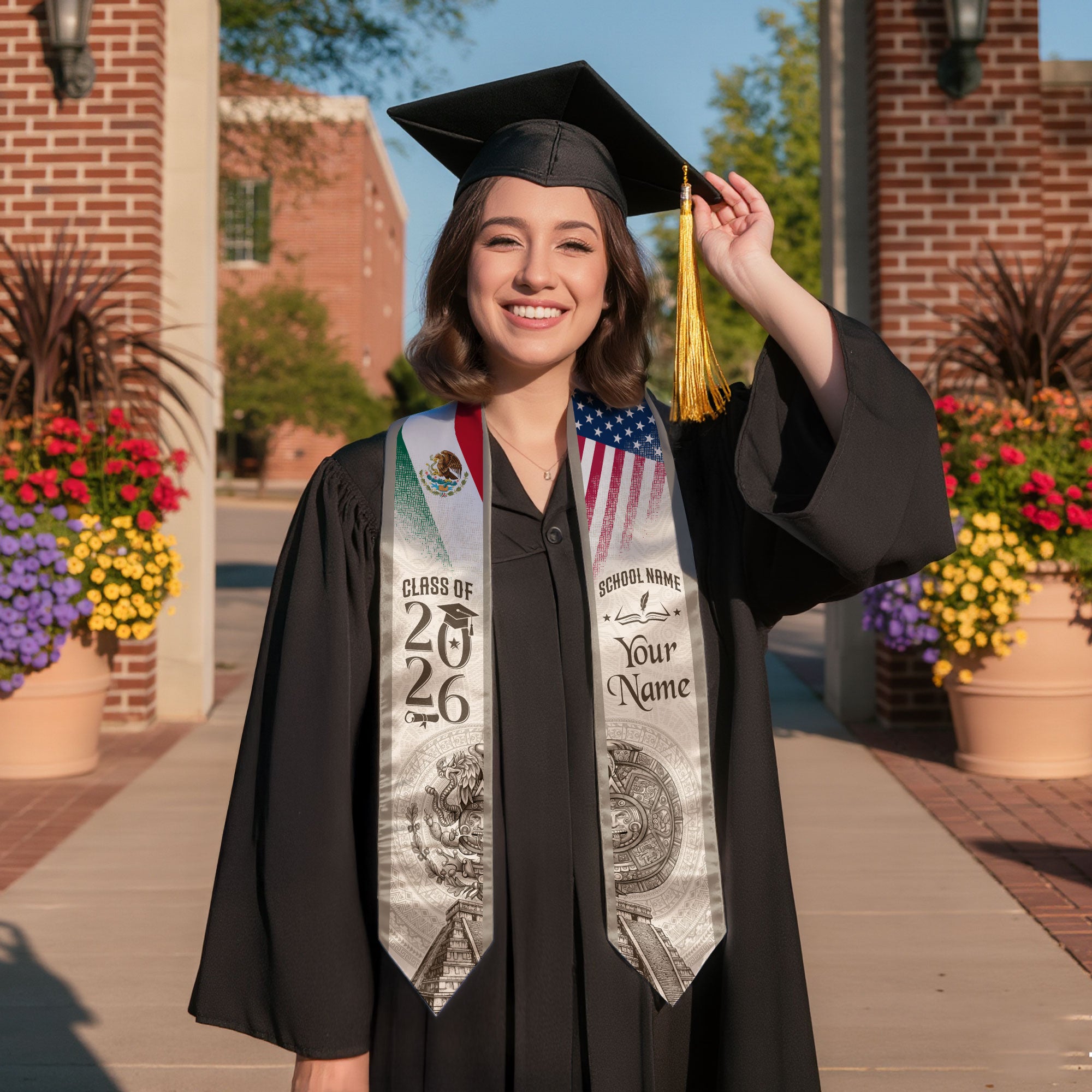 Mexican Graduation Stole Aztec Calendar Pyramid Eagle USA Mexico Flag Custom Sash