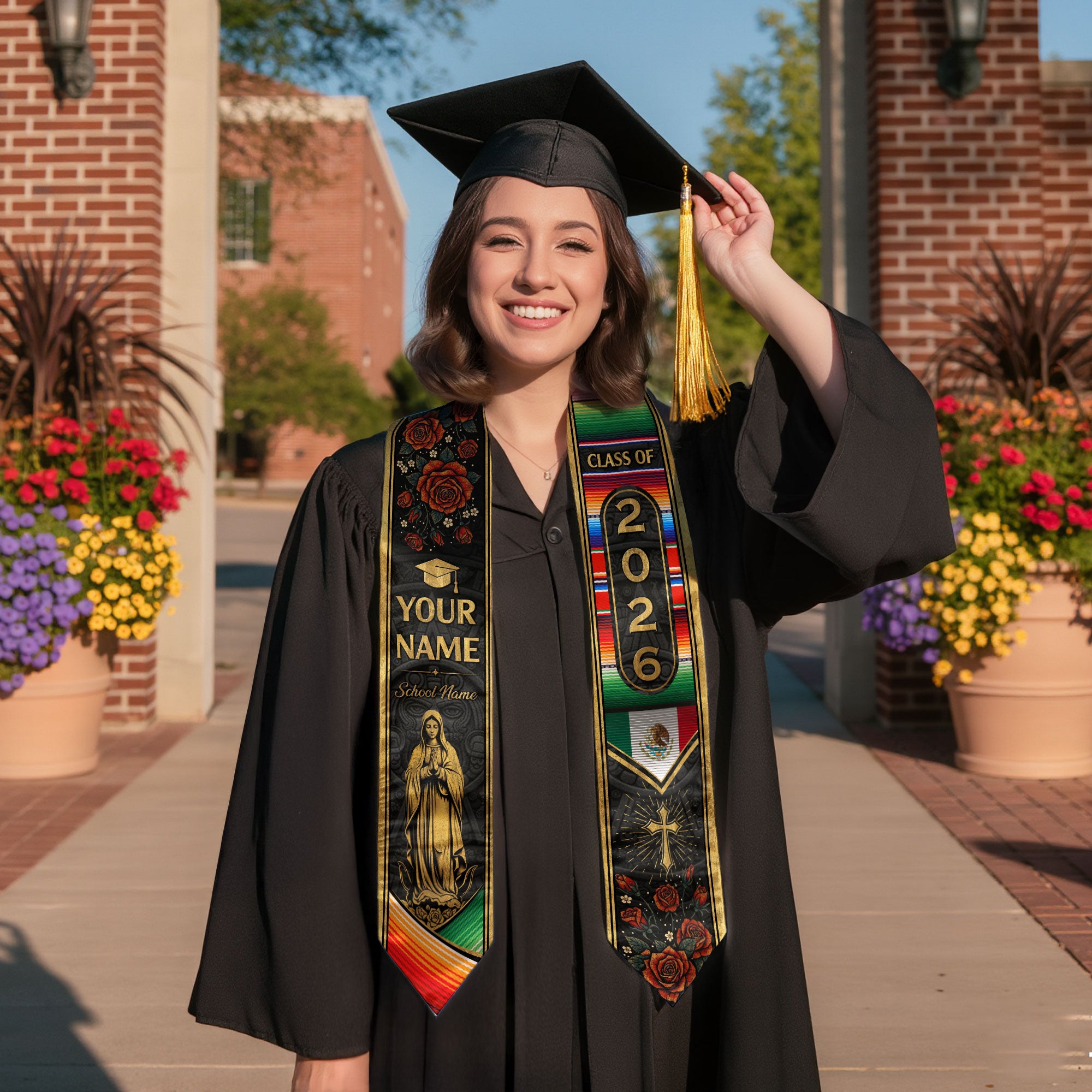 Mexican Graduation Stole Aztec Pattern Virgin Mary Cross Rose Serape Custom Sash 2026