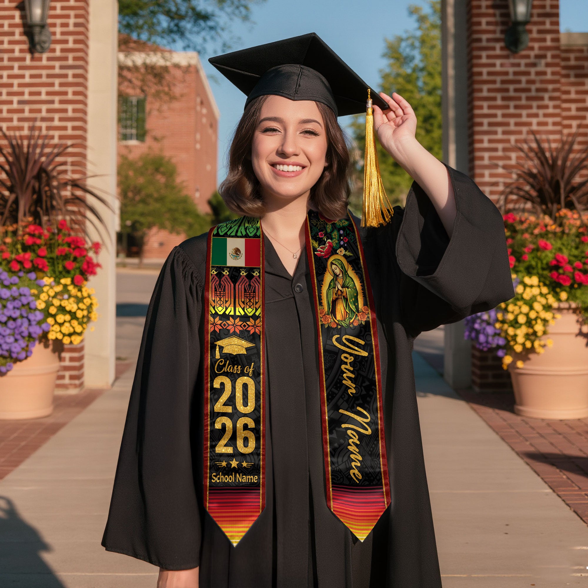 Mexican Graduation Stole Aztec Pattern Virgin Mary Floral Flag Custom Sash 2026
