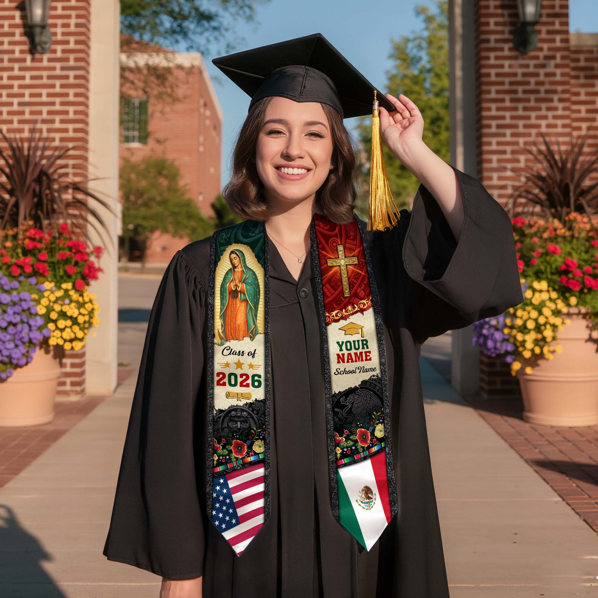Mexican Graduation Stole Aztec Eagle Virgin Mary Cross Floral USA Flag Custom Sash