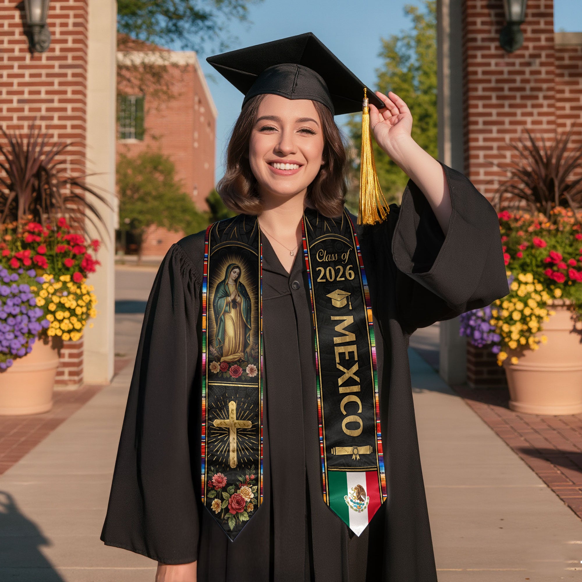 Mexican Graduation Stole Mexico Sash Aztec Virgin Mary Cross Roses Class 2026