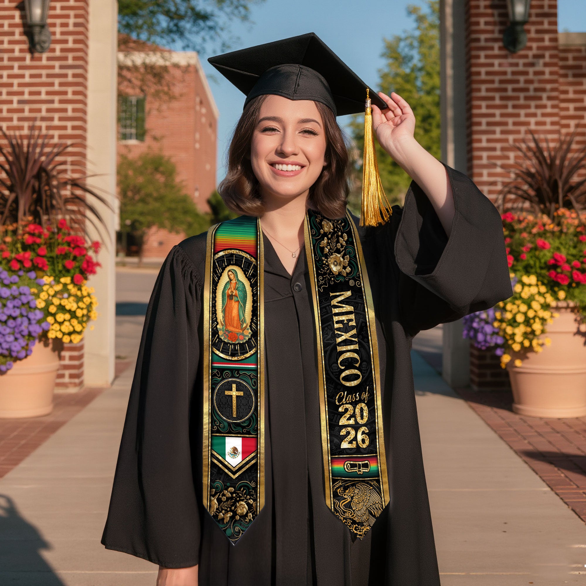 Mexican Graduation Stole Mexico Sash Aztec Virgin Mary Cross Eagle 2026
