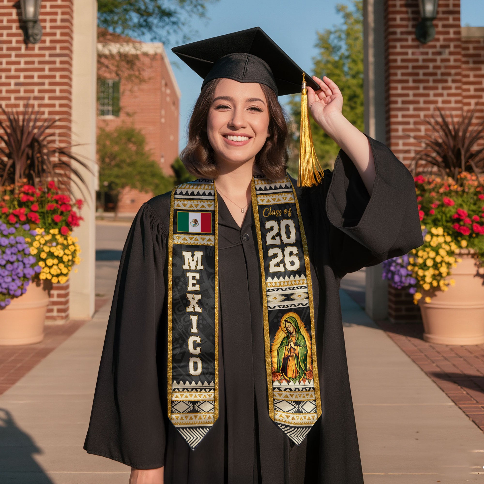 Mexican Graduation Stole Mexico Sash Aztec Virgin Mary Gold Pattern 2026