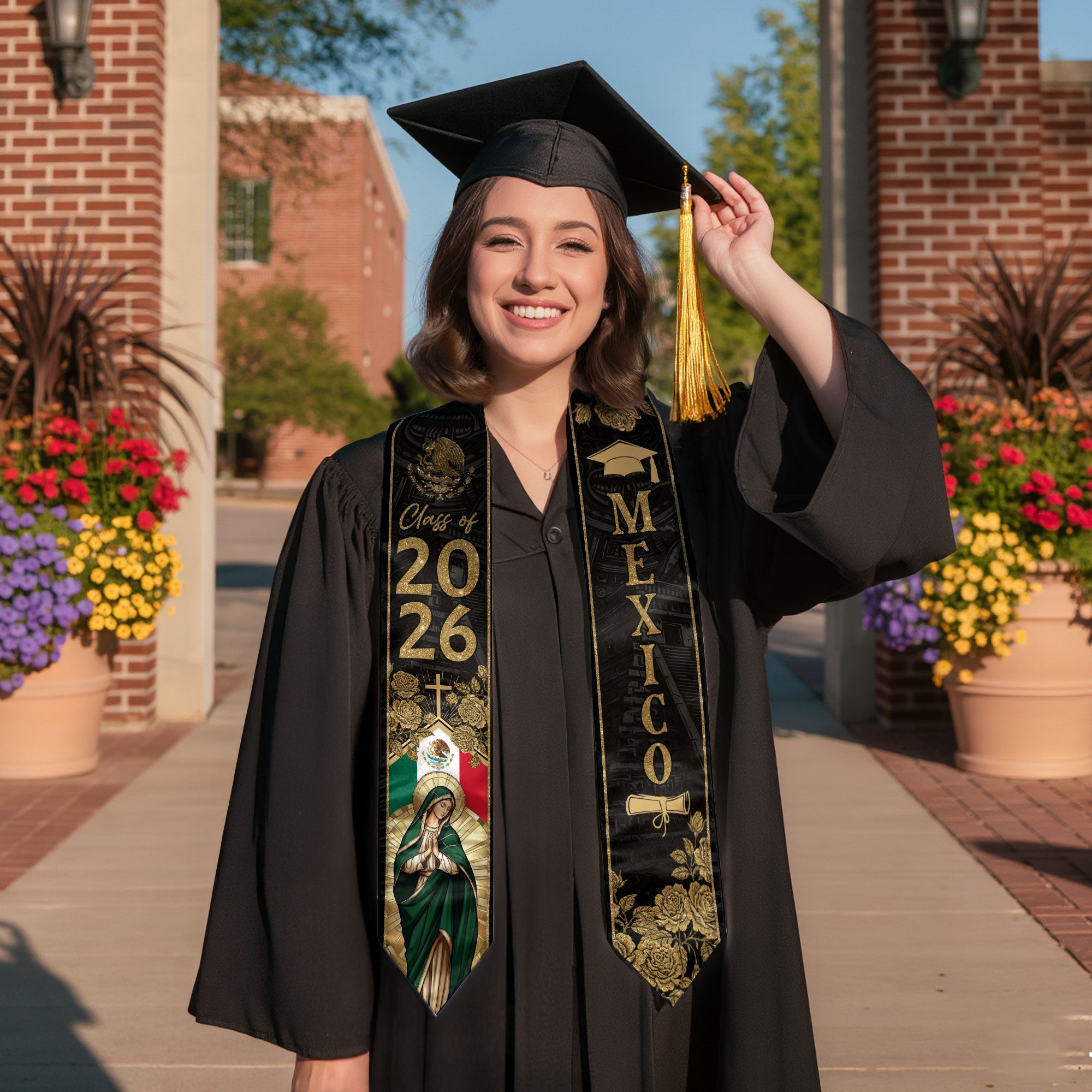 Mexican Graduation Stole Mexico Sash Virgin Mary Cross Roses Gold 2026