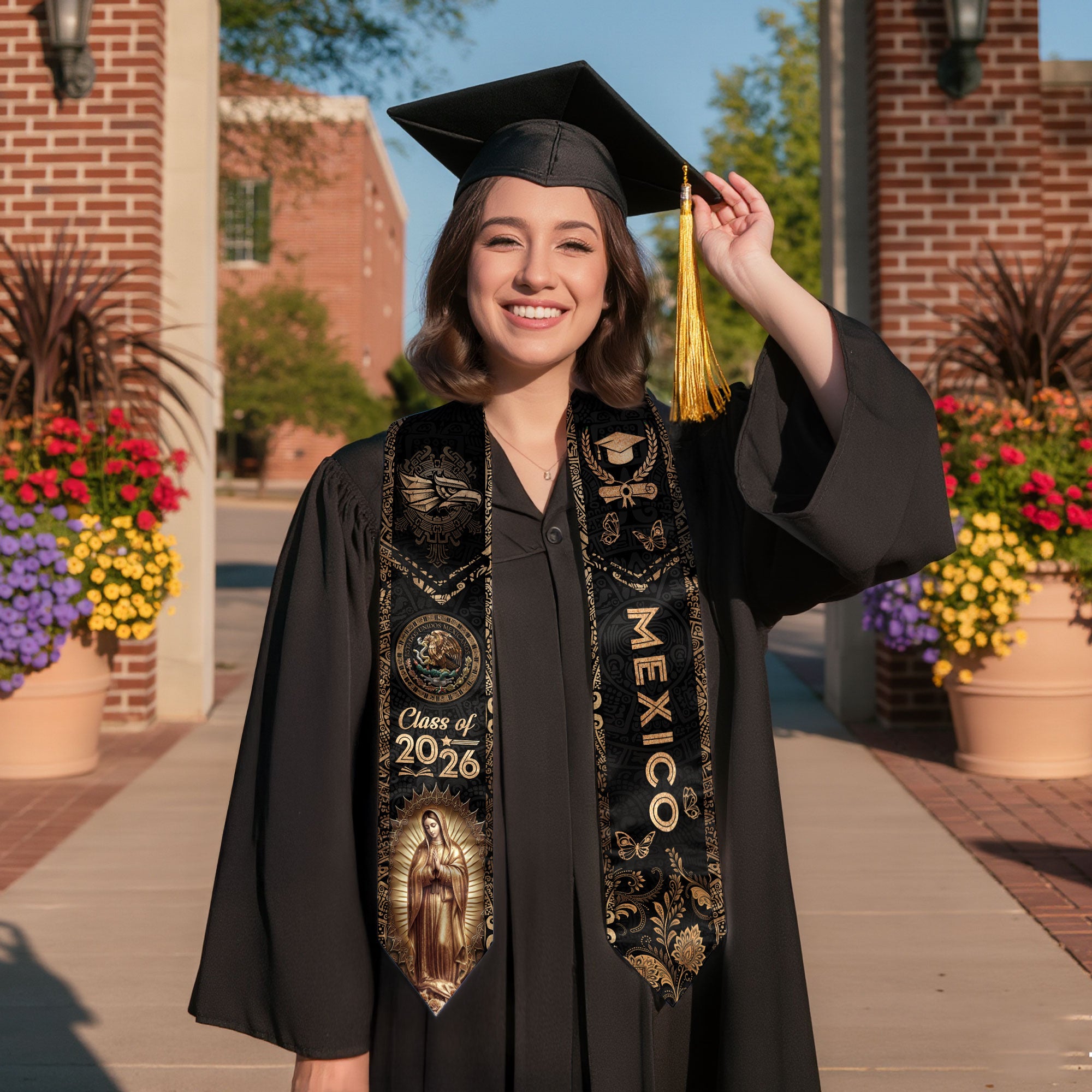 Mexican Graduation Stole Mexico Sash Aztec Eagle Virgin Mary Gold 2026