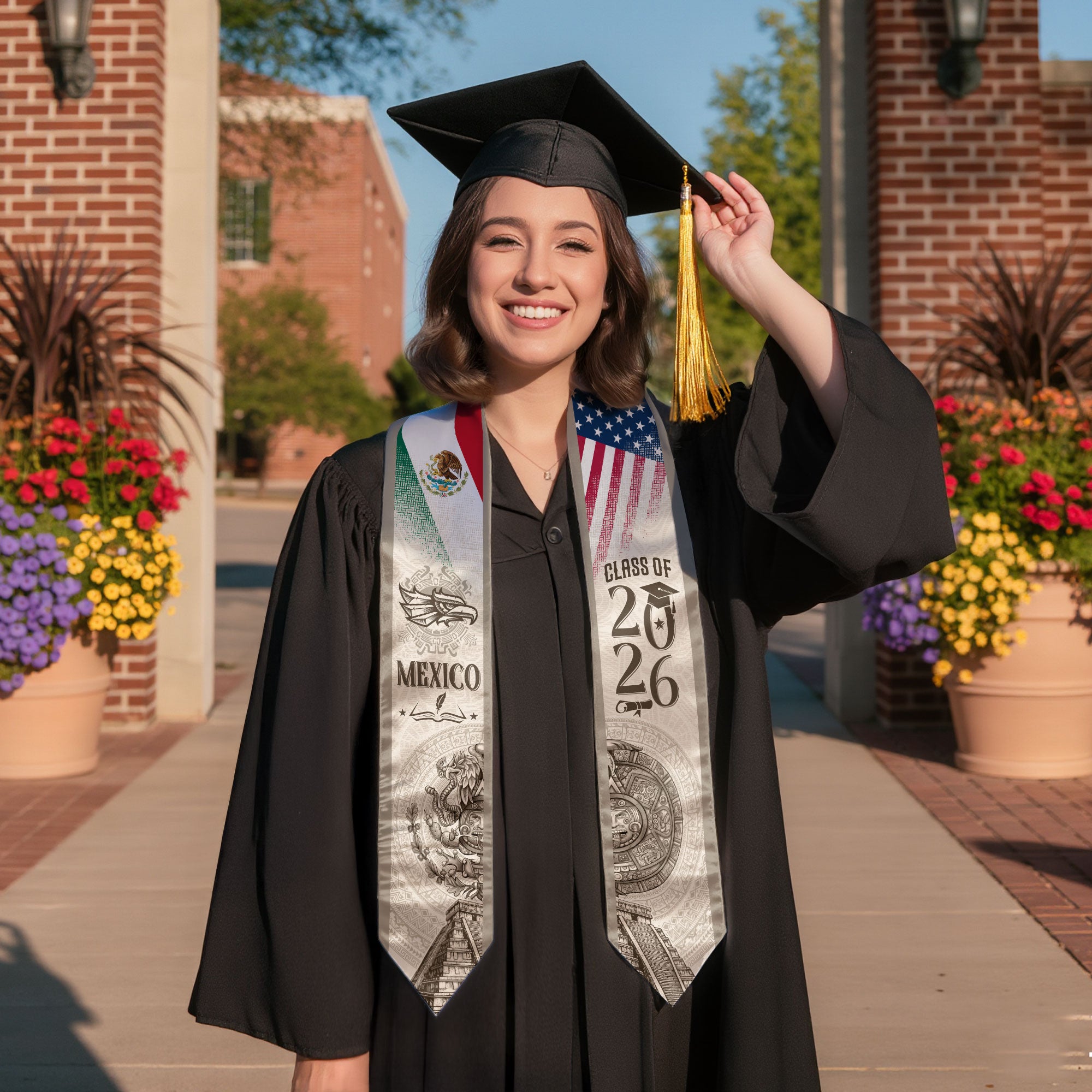 Mexican Graduation Stole Mexico USA Flag Aztec Calendar Eagle Pyramid 2026