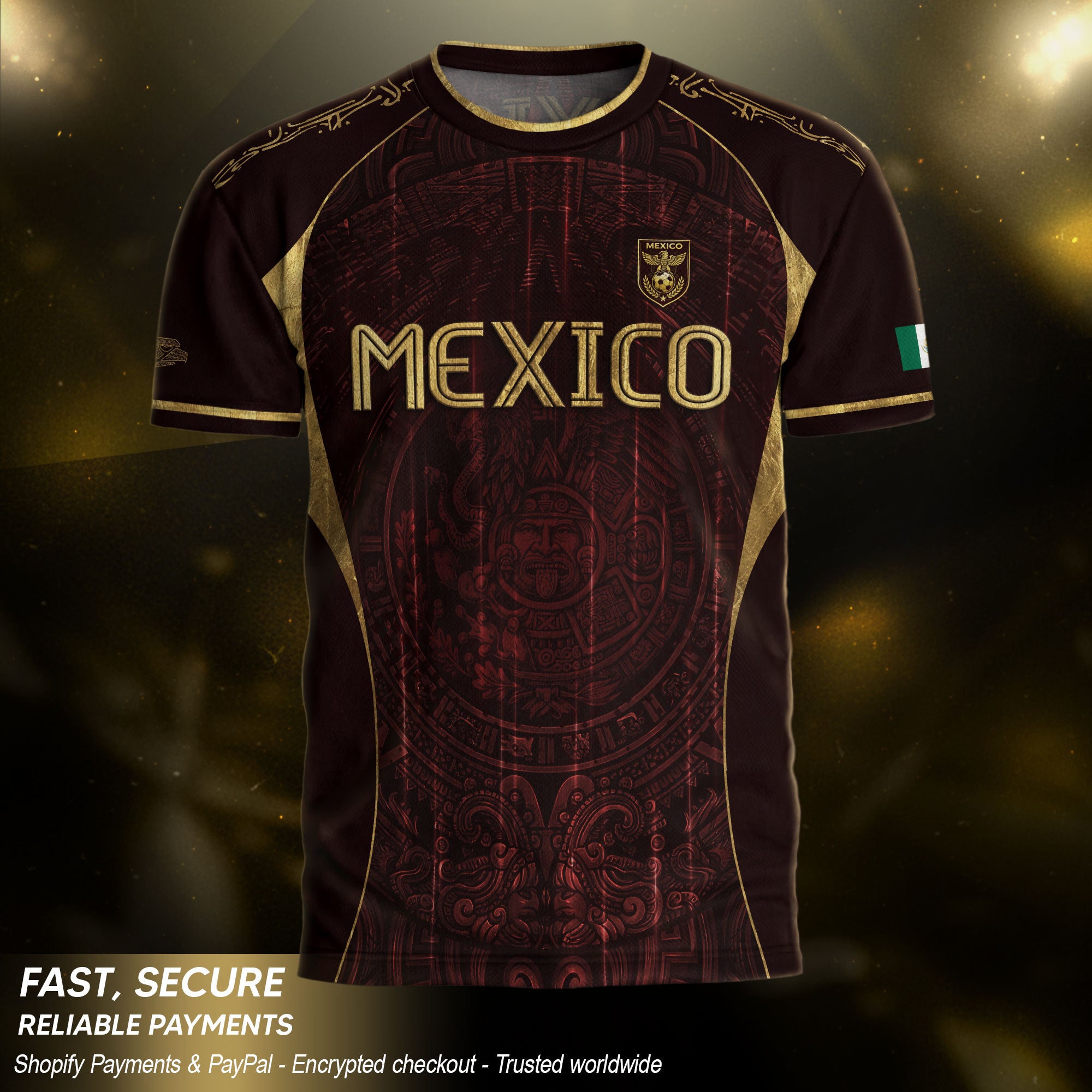 Camiseta de fútbol premium con emblema de águila azteca verde y dorado de México