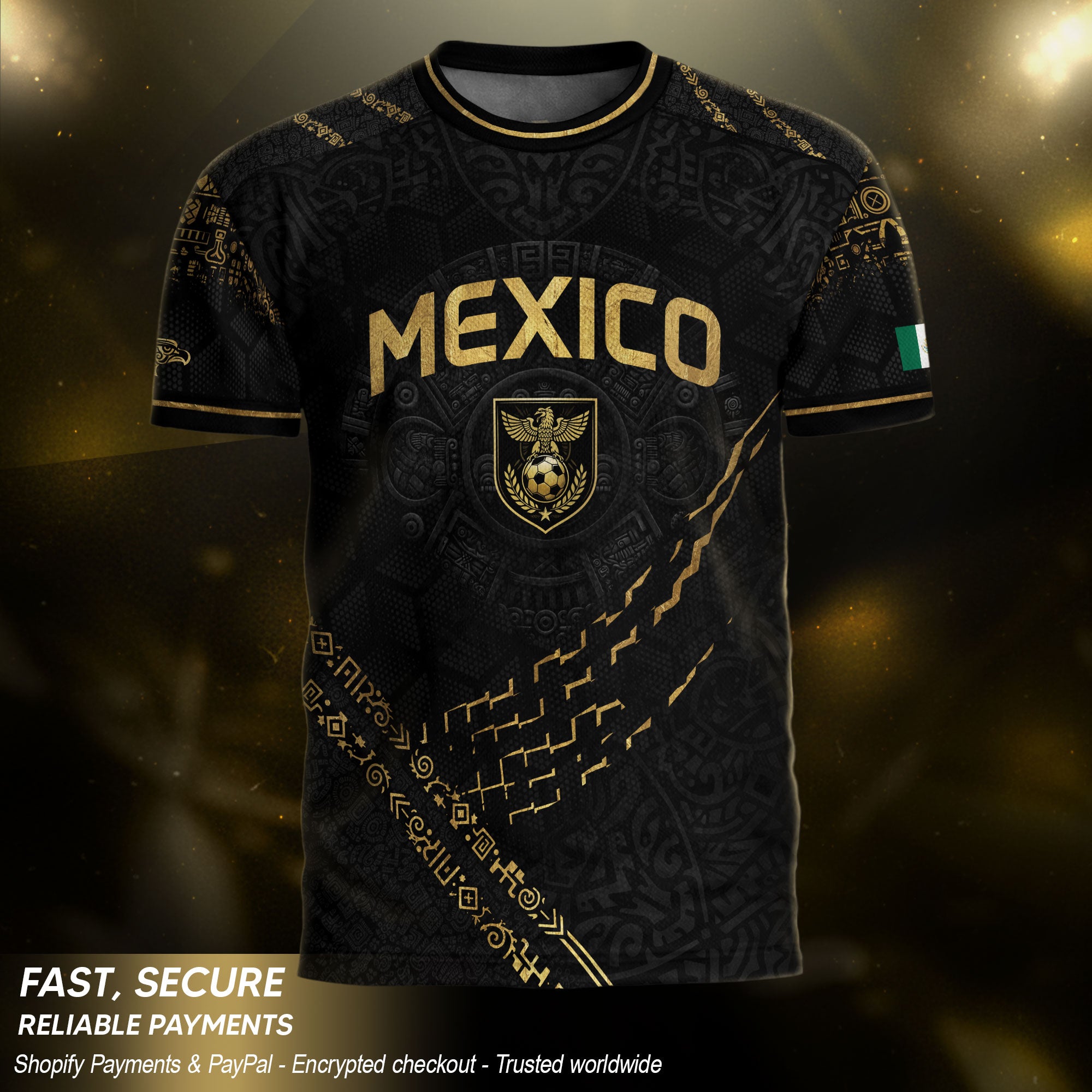 Camiseta de fútbol premium con emblema de águila azteca verde y dorado de México