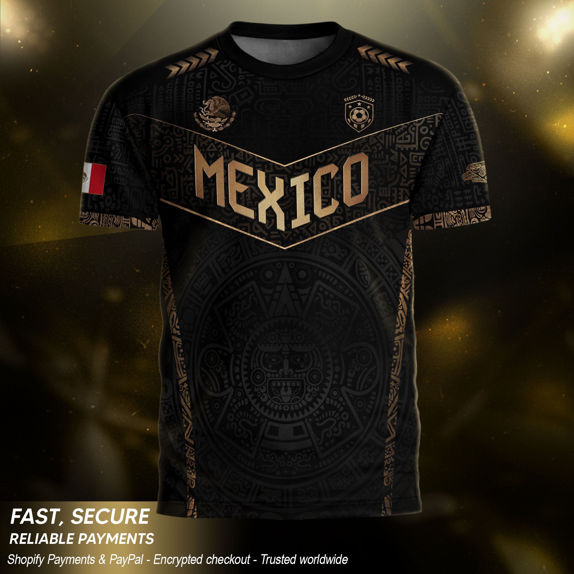 Mexico Heritage Black Gold Vintage Athletic Aztec Calendar Chevron Soccer Jersey