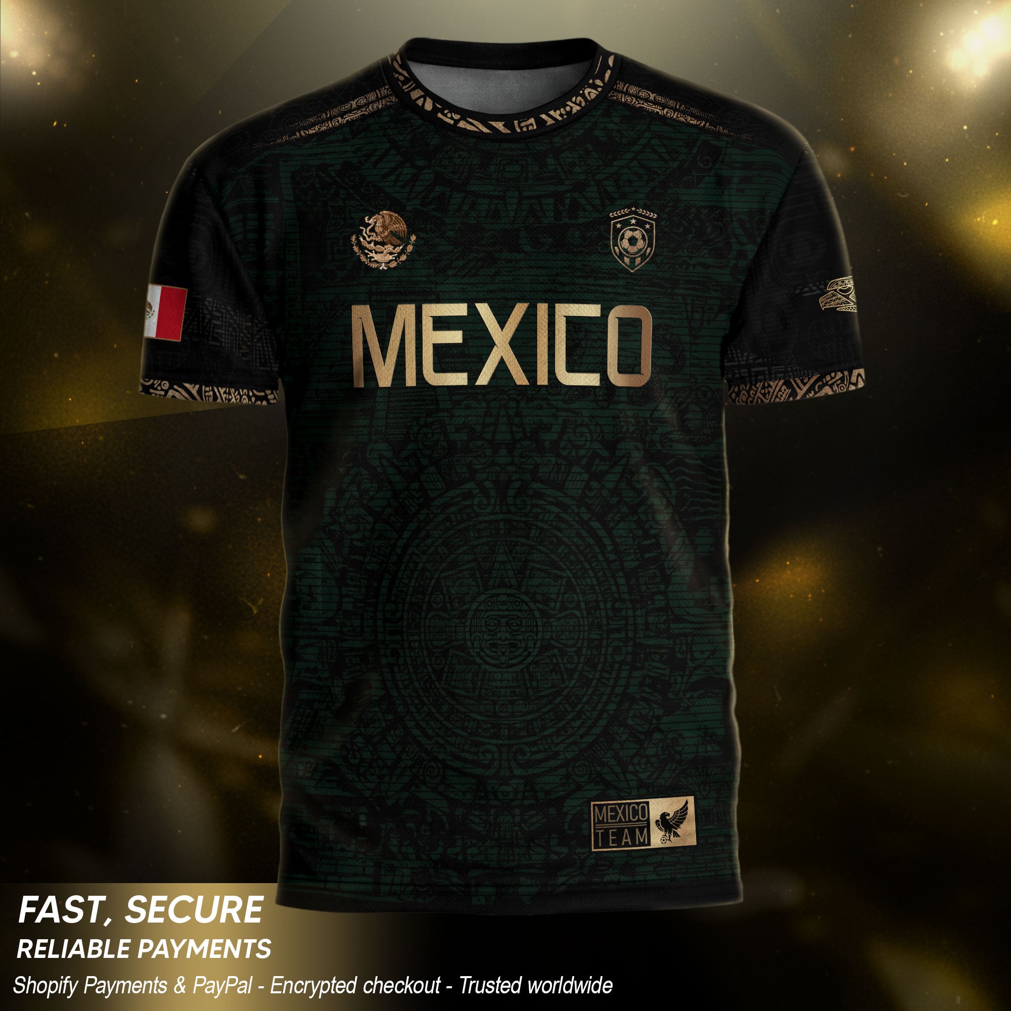 Mexico Heritage Dark Green Gold Vintage Athletic Aztec Calendar Soccer Jersey