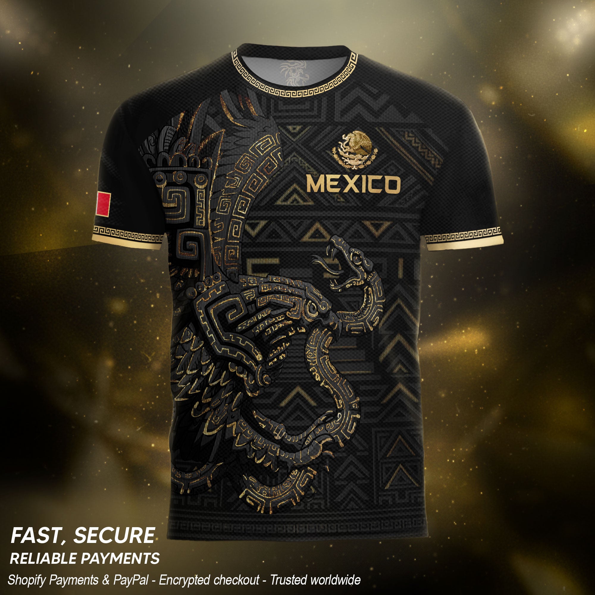 Mexico Heritage Orgullo Mexicano Black Gold Aztec Quetzalcoatl Pyramid Soccer Jersey