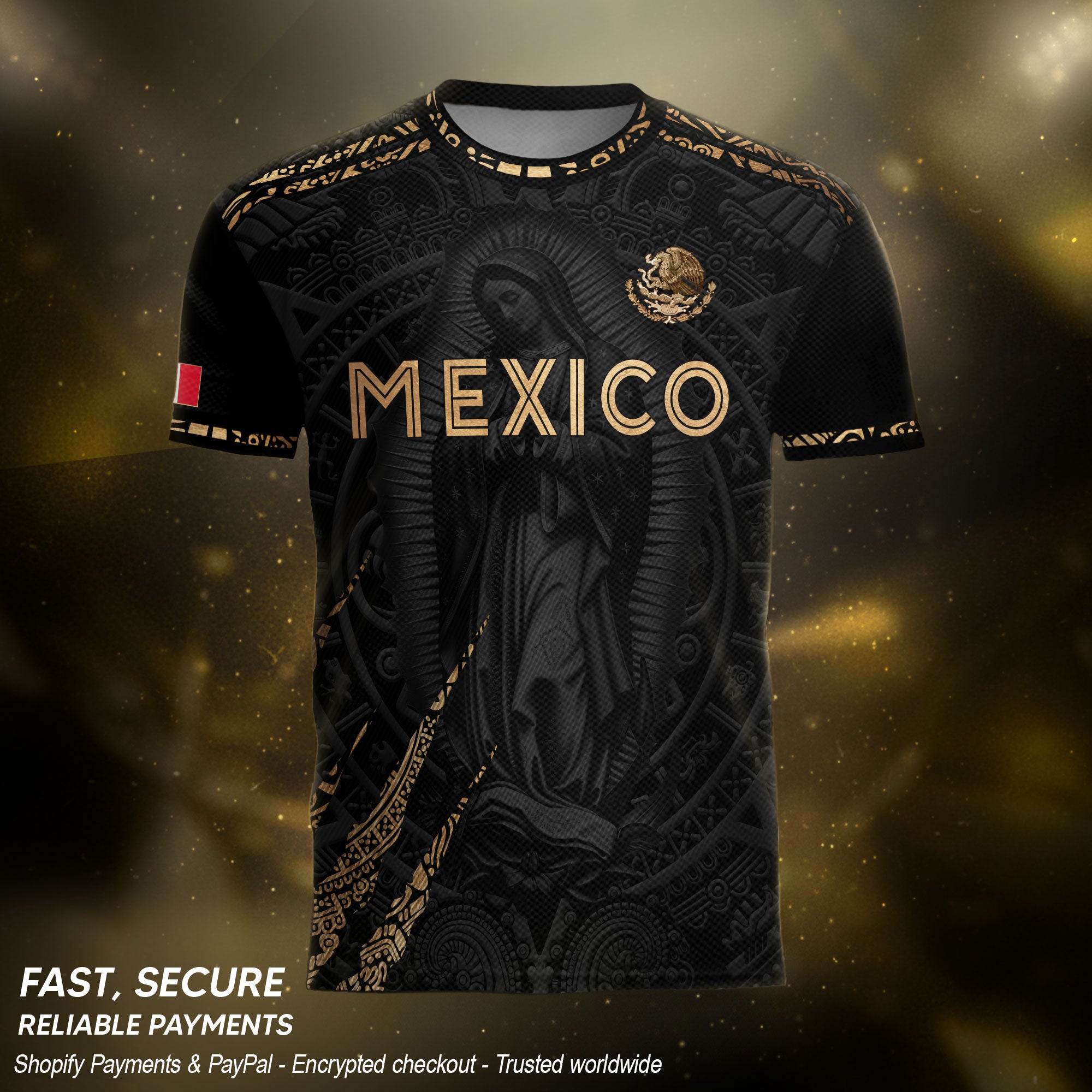 Mexico Heritage Orgullo Mexicano Black Gold Virgin Mary Guadalupe Catholic Soccer Jersey
