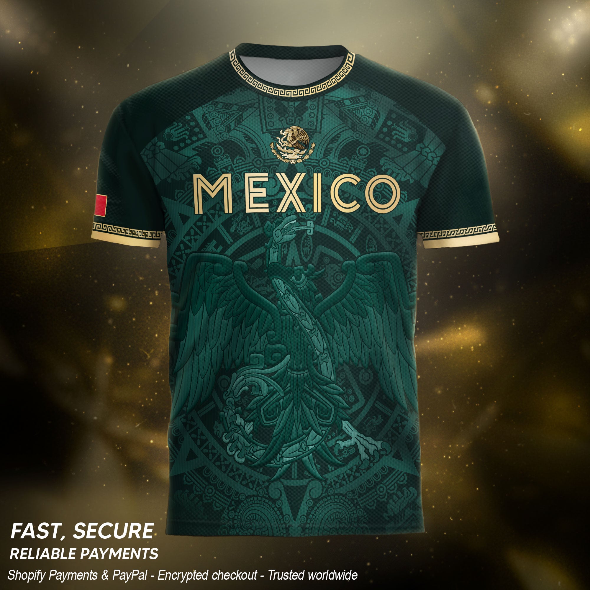Mexico Heritage Orgullo Mexicano Green Gold Eagle Aztec Calendar Soccer Jersey