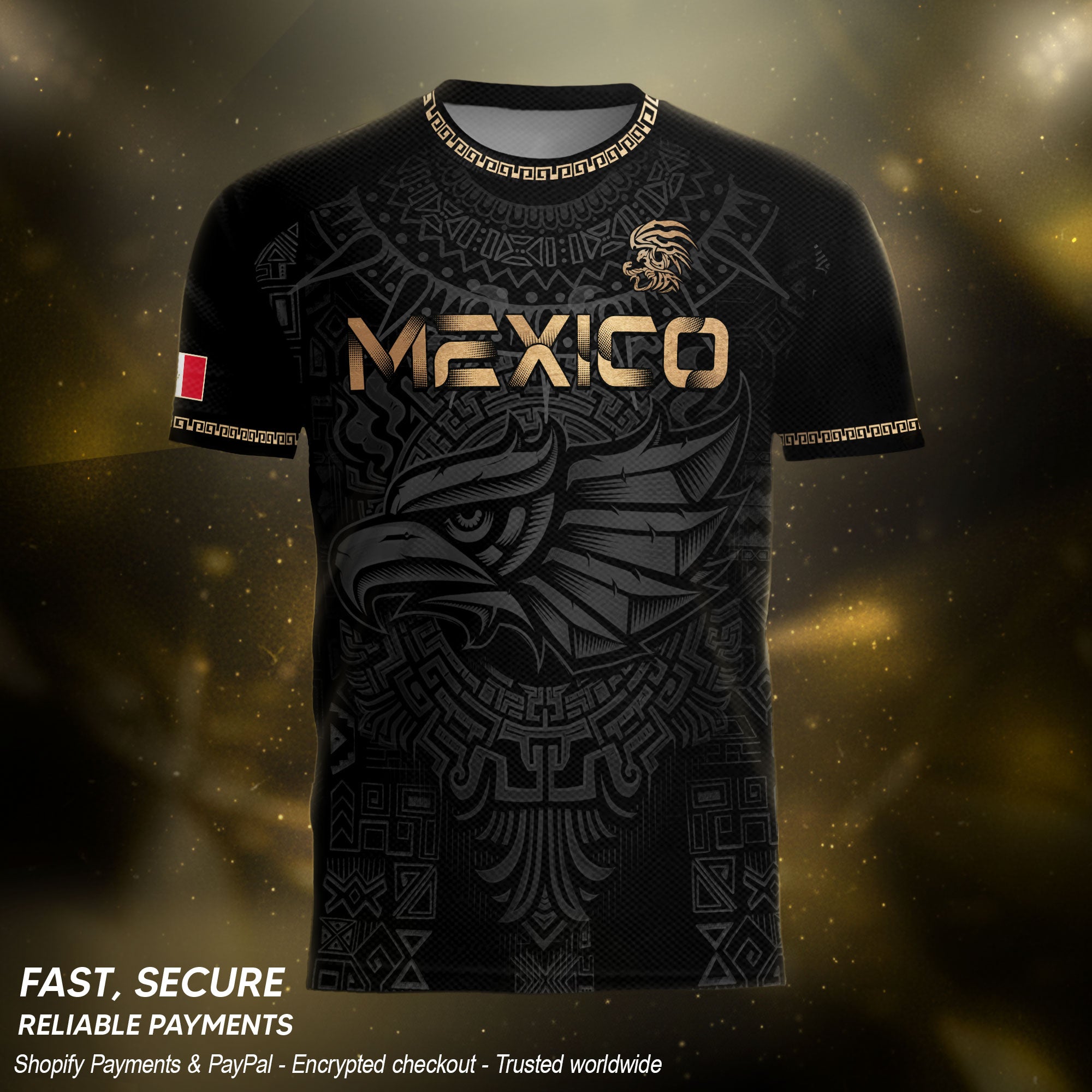Mexico Heritage Orgullo Mexicano Black Gold Eagle Aztec Calendar Soccer Jersey