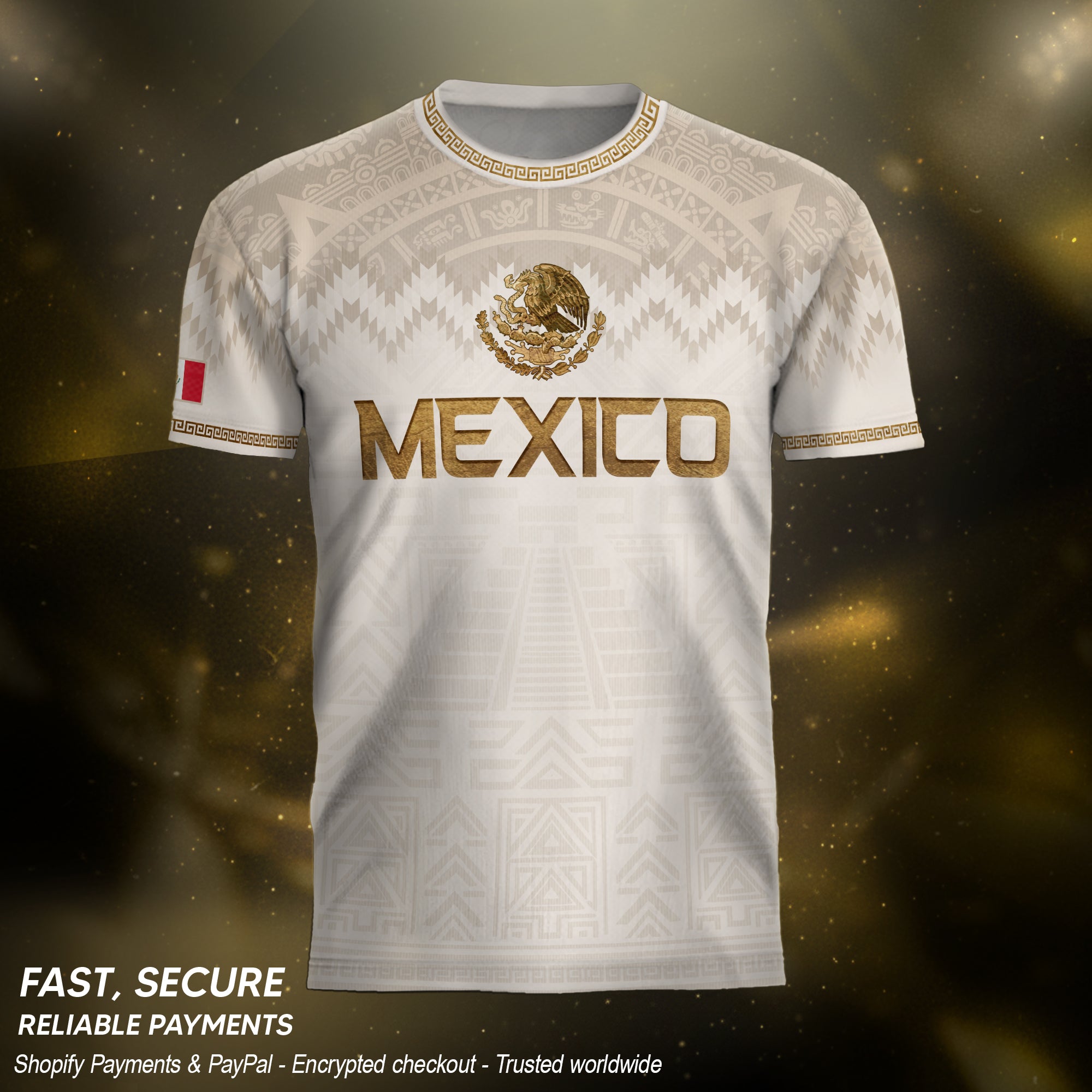 Mexico Heritage Orgullo Mexicano Beige Gold Aztec Pyramid Sun Stone Soccer Jersey