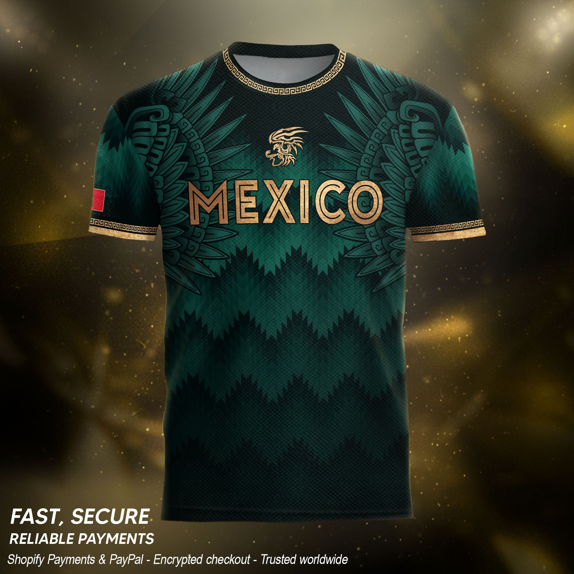 Mexico Coat of Arms Green Gold Aztec Ziczac Pattern Wing Graphic Heritage Soccer Jersey
