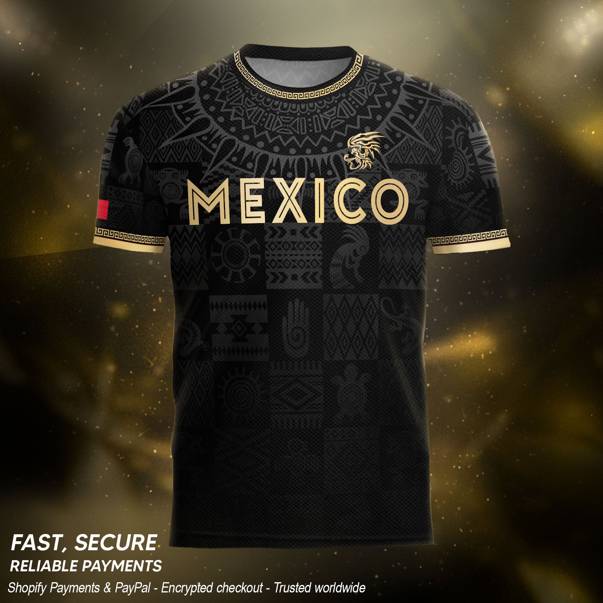 Mexico Coat of Arms Black Gold Ancient Mayan Aztec Symbols Soccer Jersey
