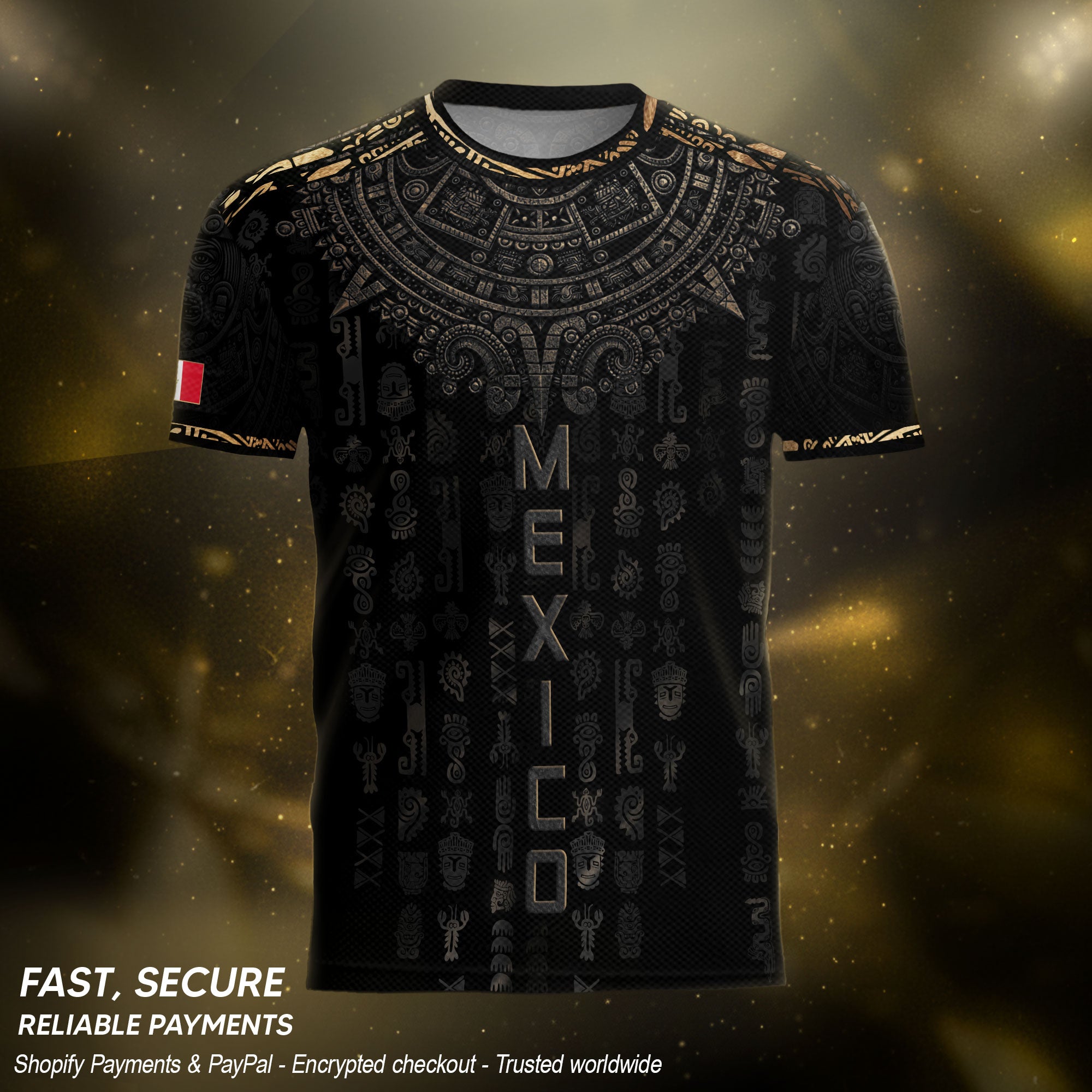 Mexico Heritage Orgullo Mexicano Black Bronze Ancient Mask Aztec Calendar Soccer Jersey