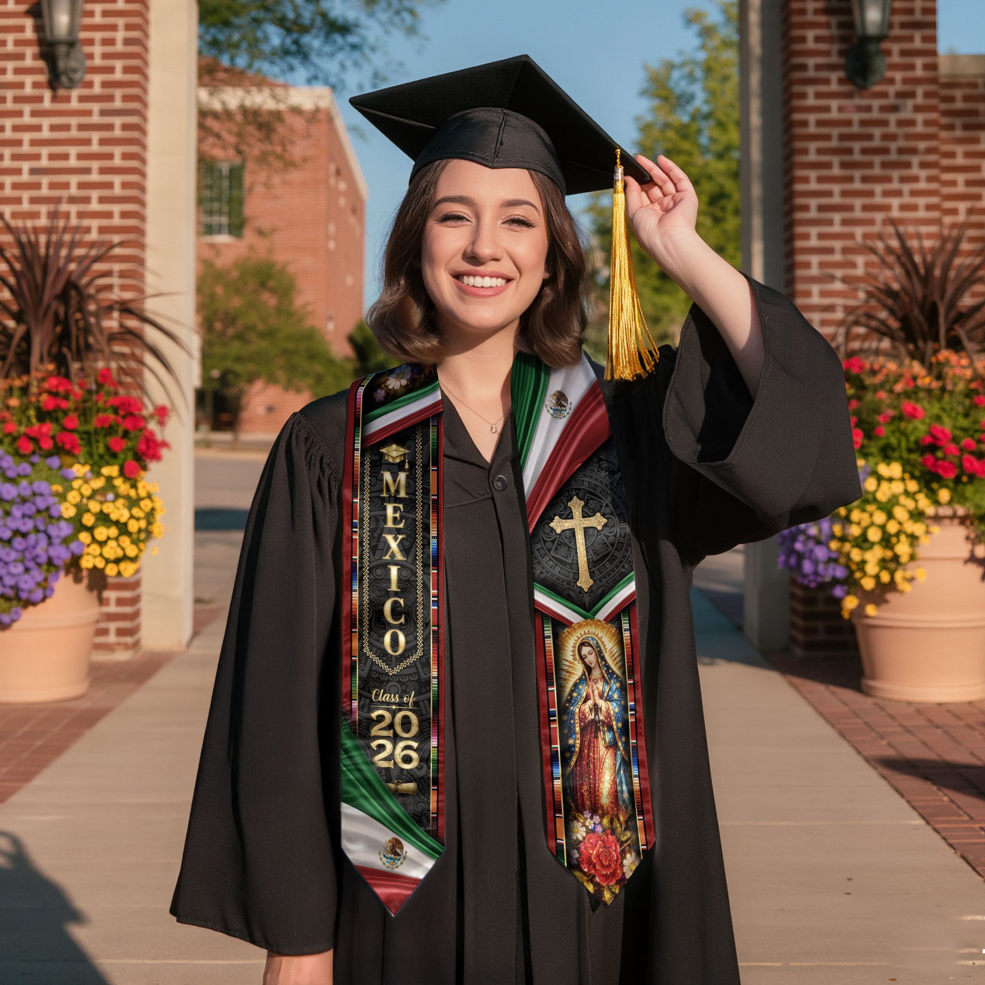 Mexican Graduation Stole Class of 2026 Aztec Virgin Mary Cross Mexico Flag Serape Sash