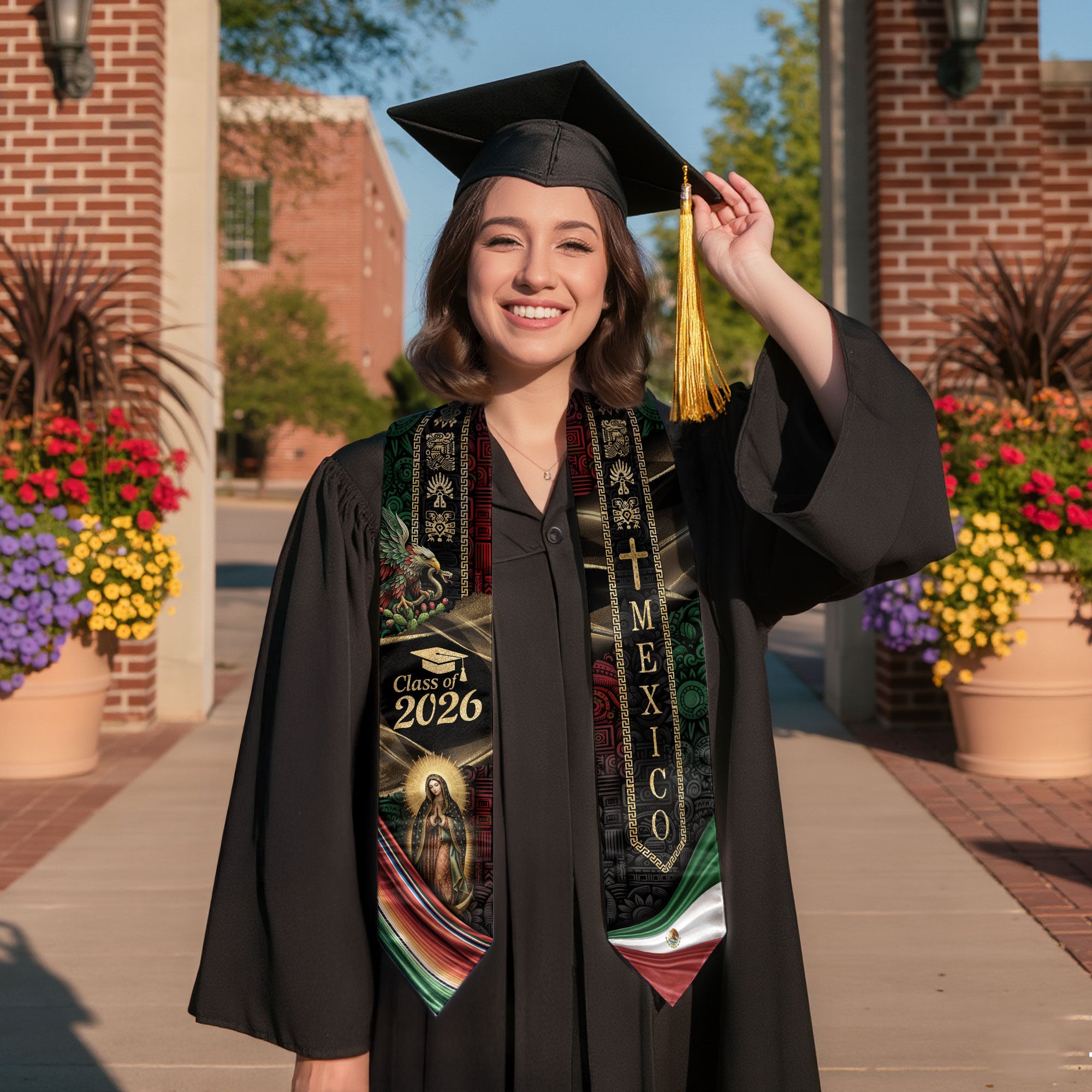 Mexican Graduation Stole Class of 2026 Aztec Eagle Virgin Mary Cross Mexico Flag Serape Sash