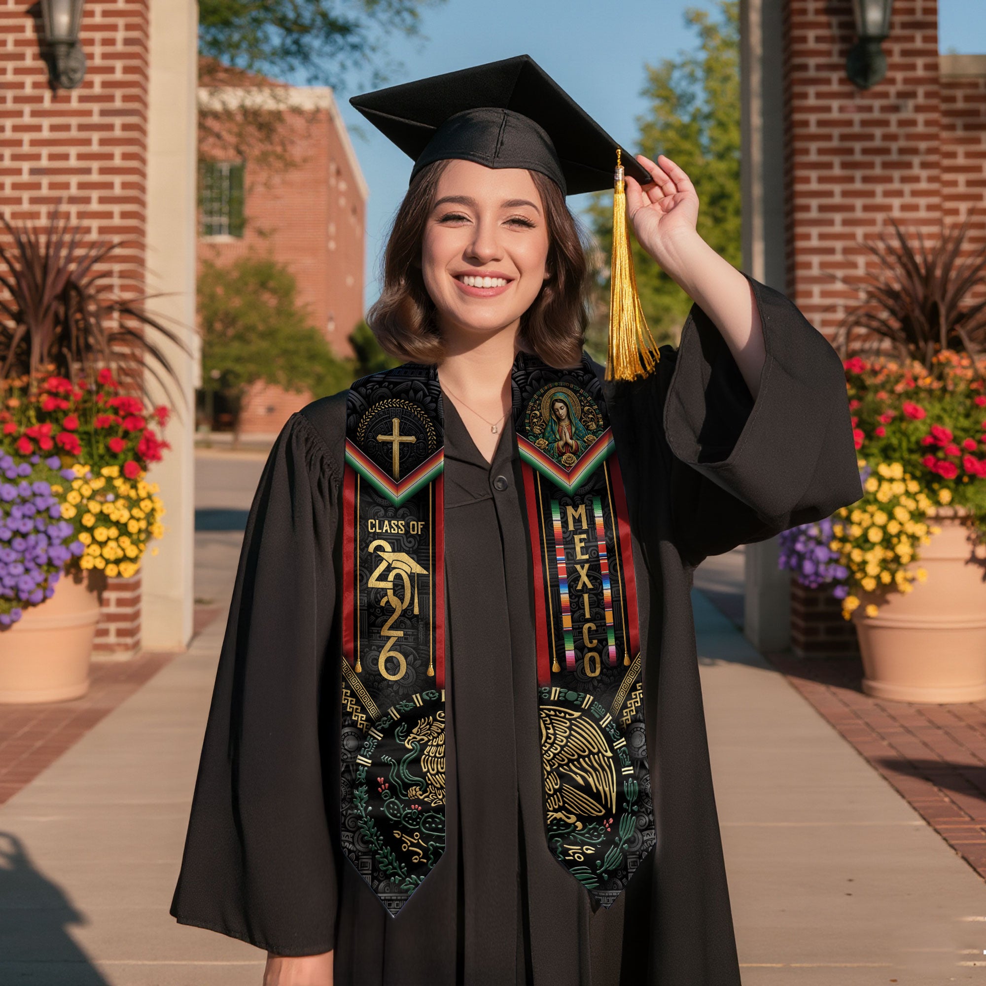 Mexican Graduation Stole Class of 2026 Aztec Calendar Eagle Cross Virgin Mary Mexico Sash