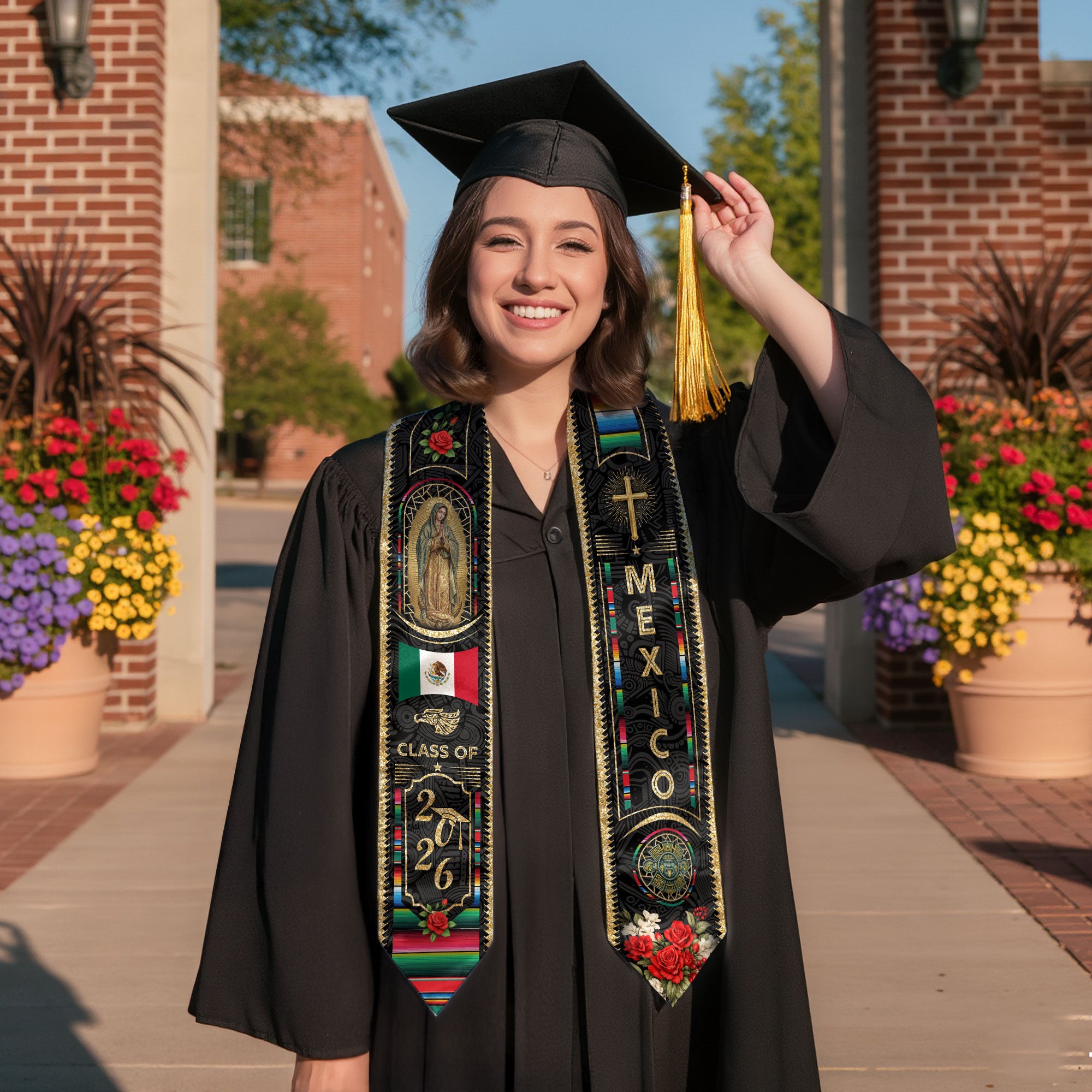 Mexico Graduation Stole Class of 2026, Virgin Mary & Aztec Calendar Heritage