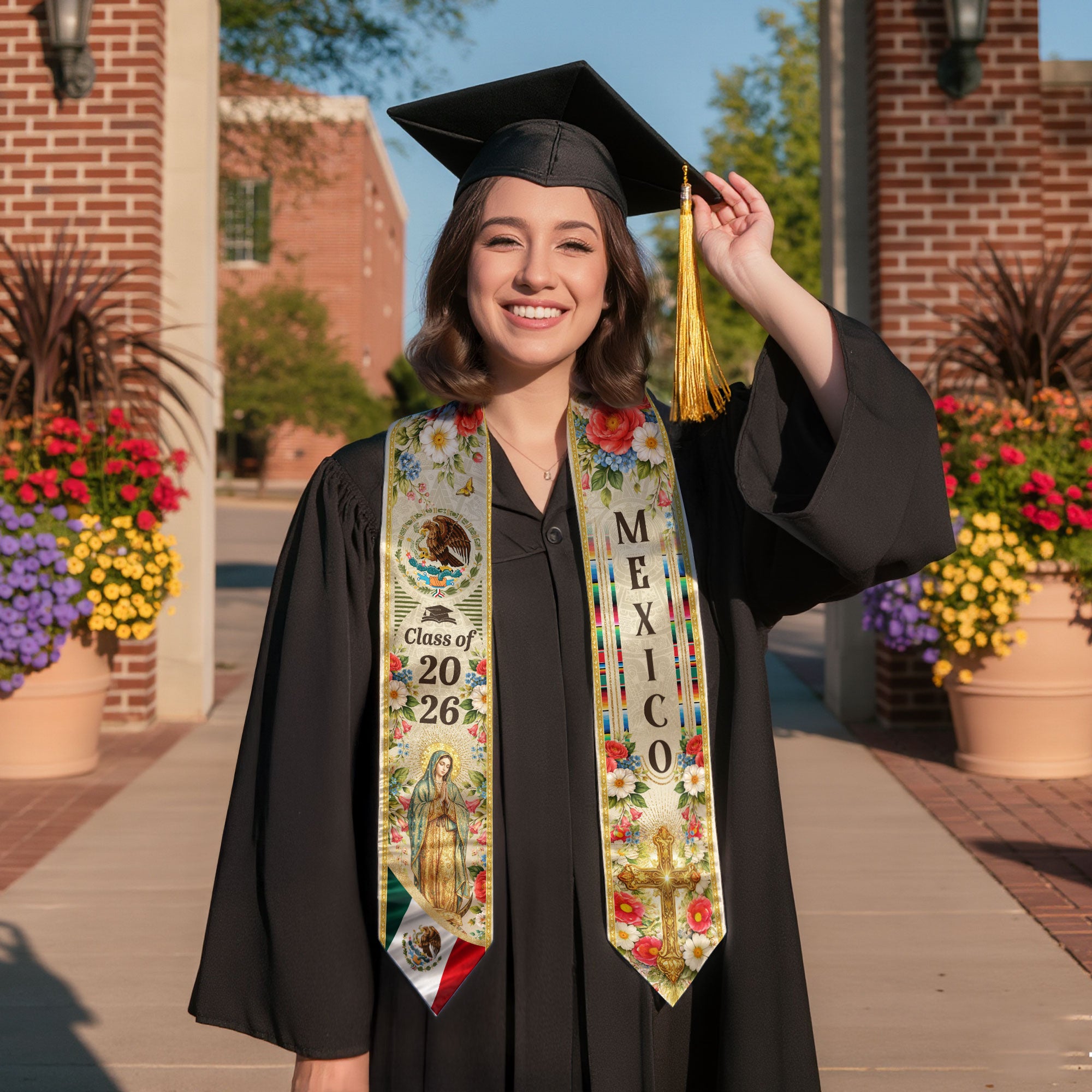 Mexican Graduation Stole 2026, Our Lady of Guadalupe & Eagle Flower Heritage