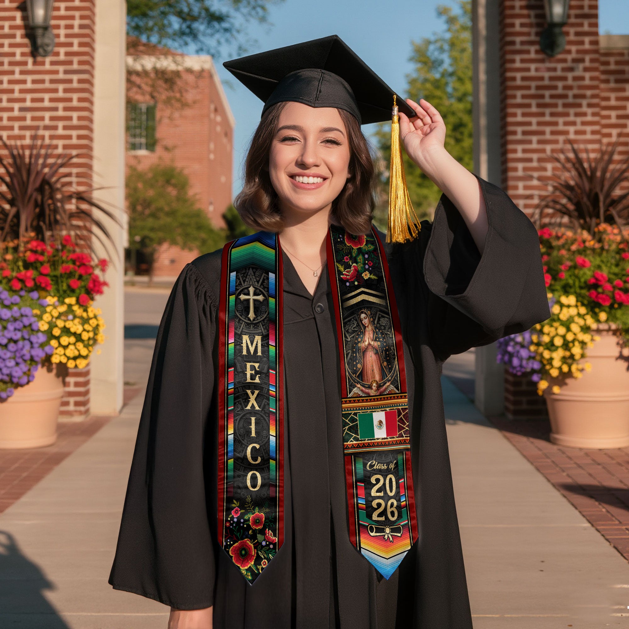Virgin Mary Mexico Graduation Stole 2026, Golden Cross & Serape Flag Heritage