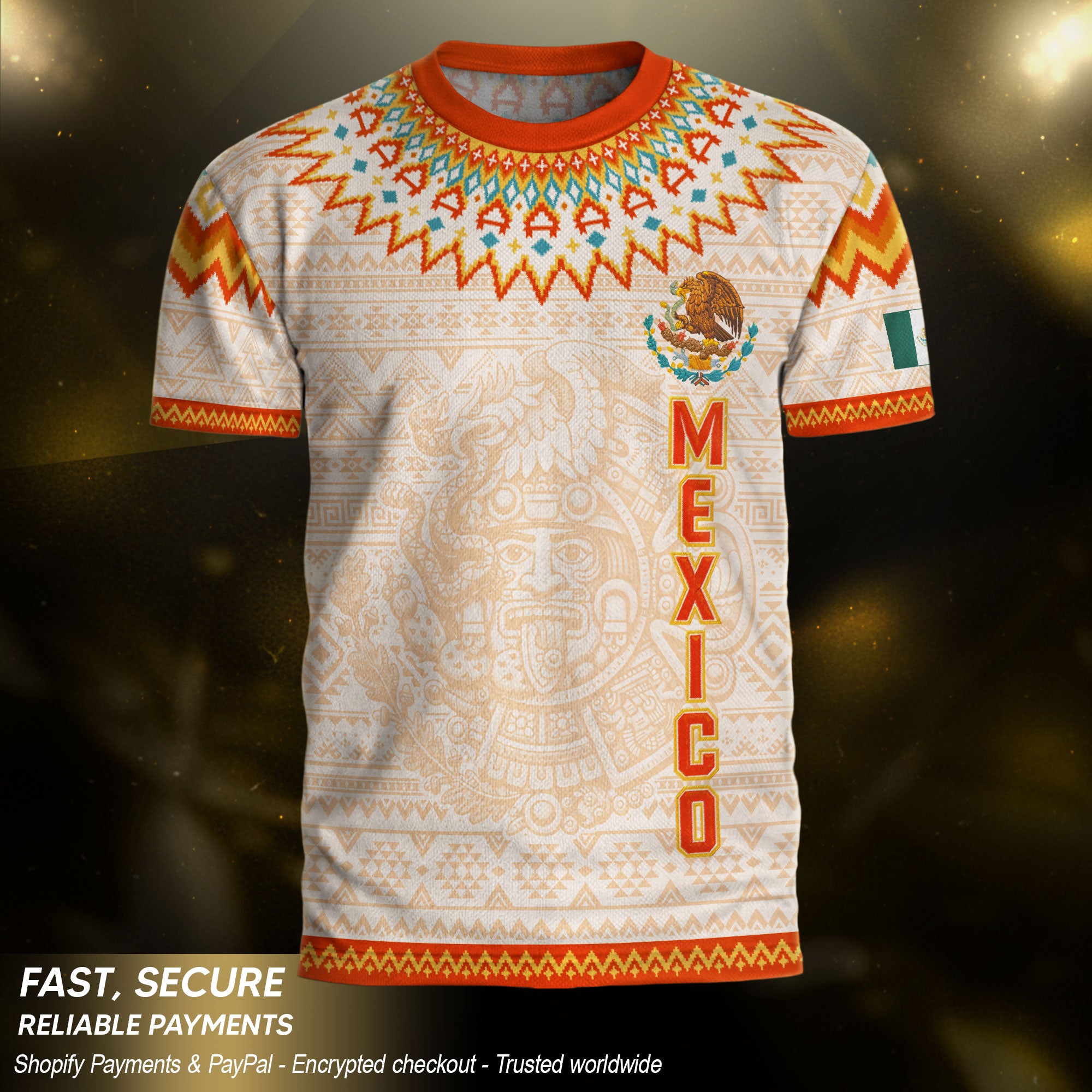 Mexico Cream Orange Heritage Soccer Jersey, Aztec Pattern Mexican Roots Design Jersey For Men