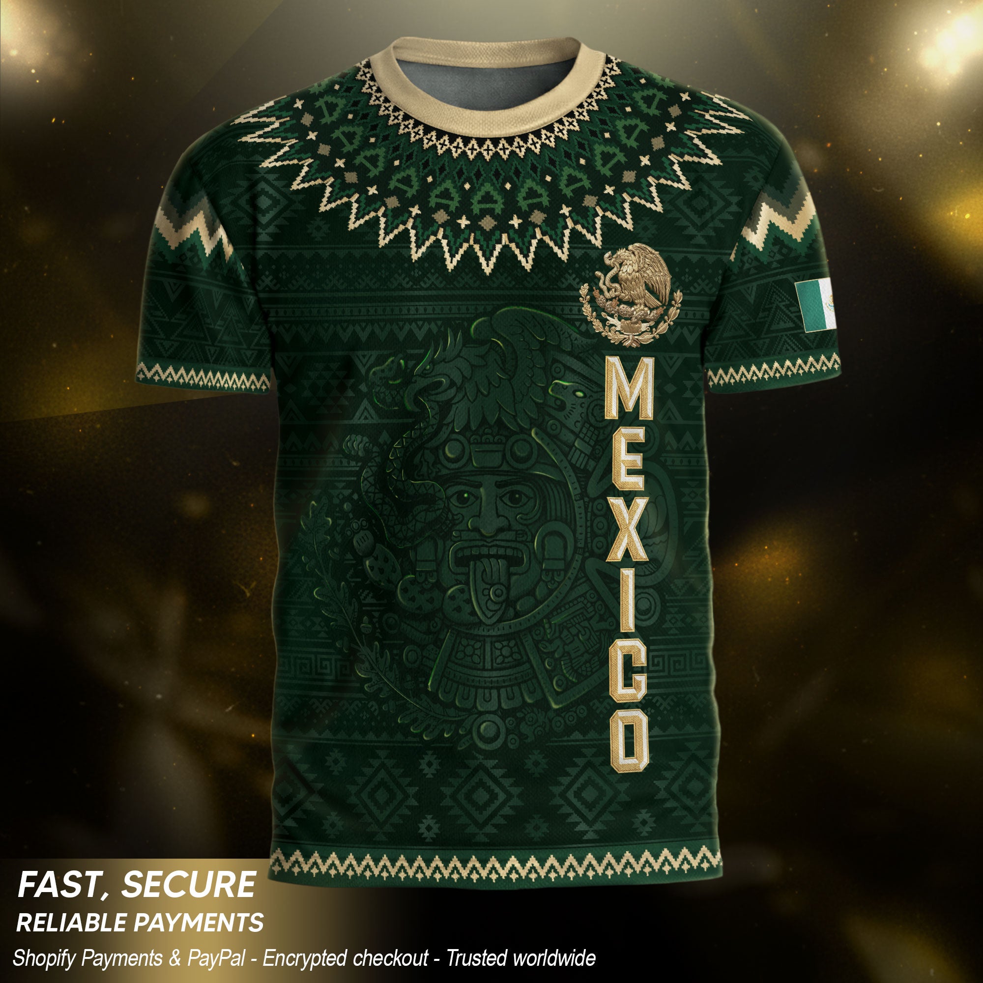 Mexico Heritage Soccer Jersey, Green Gold Aztec Calendar Design Sports Jersey for Men