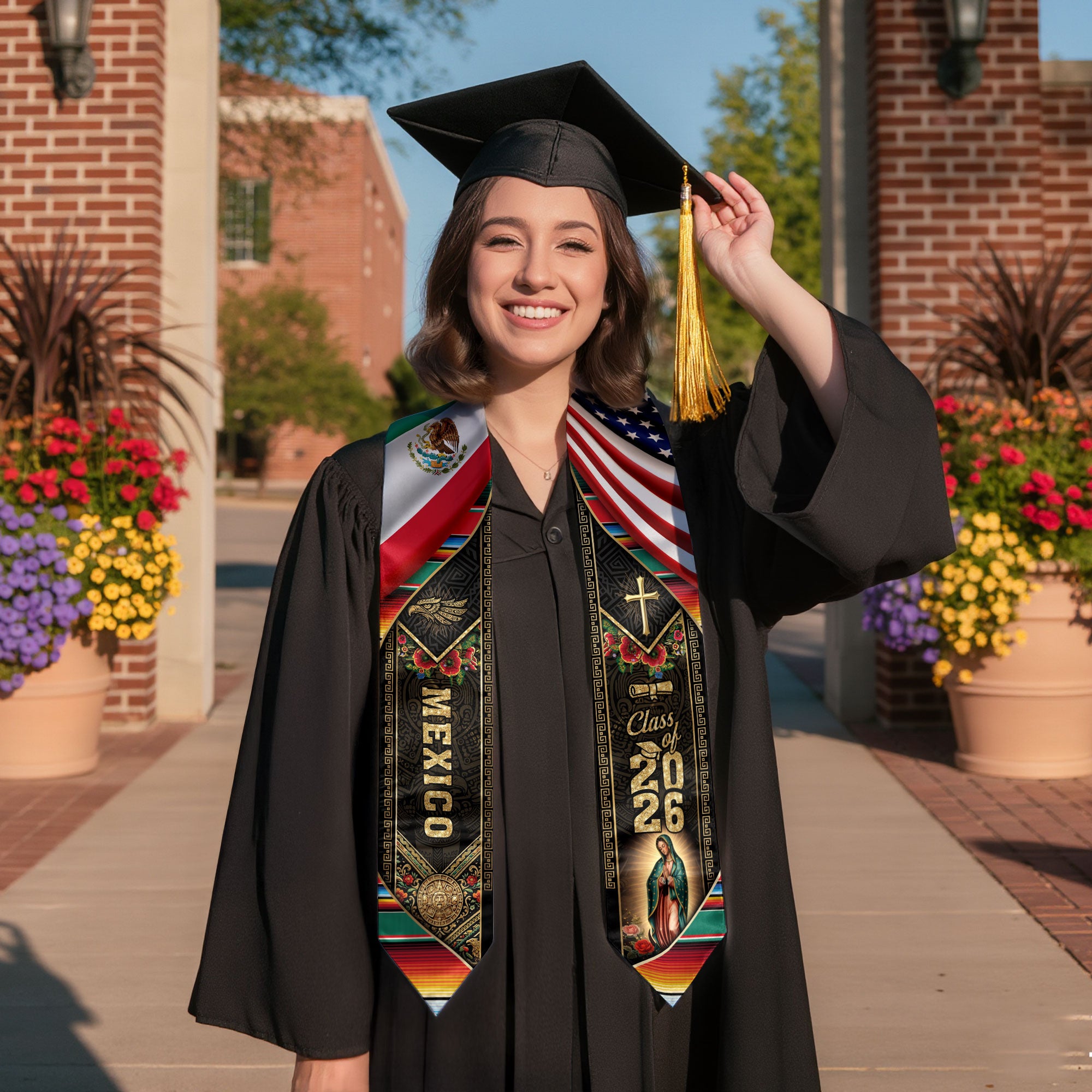 Mexico USA Graduation Stole Class of 2026, Virgin Mary & Eagle Heritage