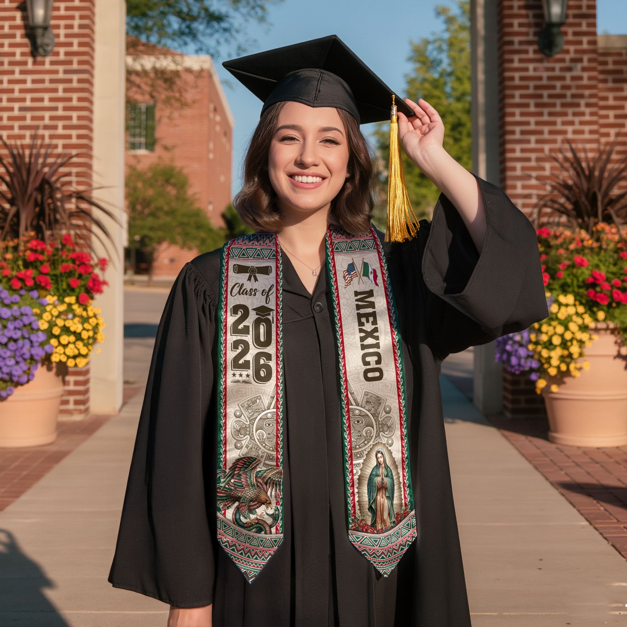 Graduation Stole Class of 2026 Mexico Aztec Guadalupe Hispanic Cultural Sash Gift
