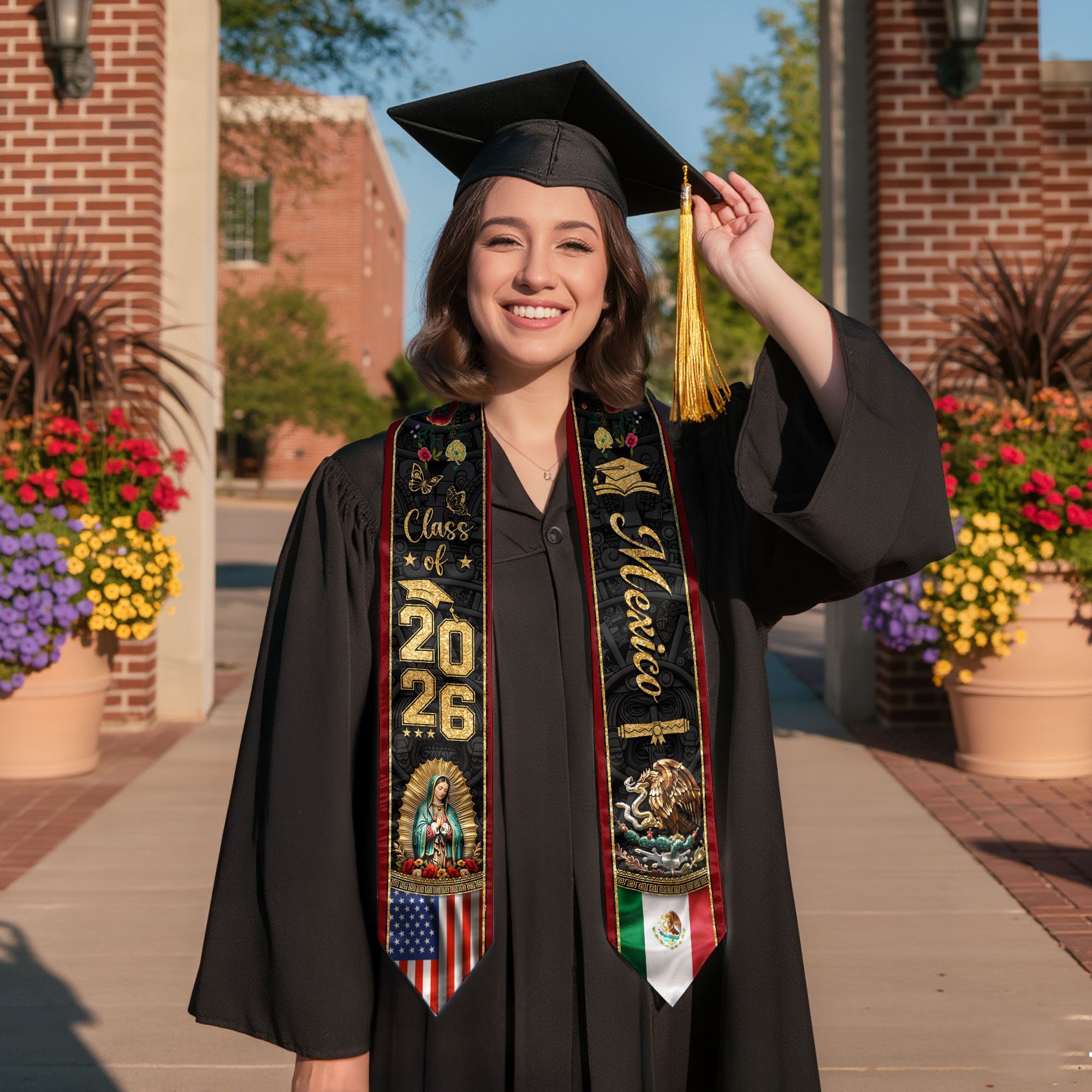 Graduation Stole Class of 2026 Mexico USA Guadalupe Dual Heritage Hispanic Sash