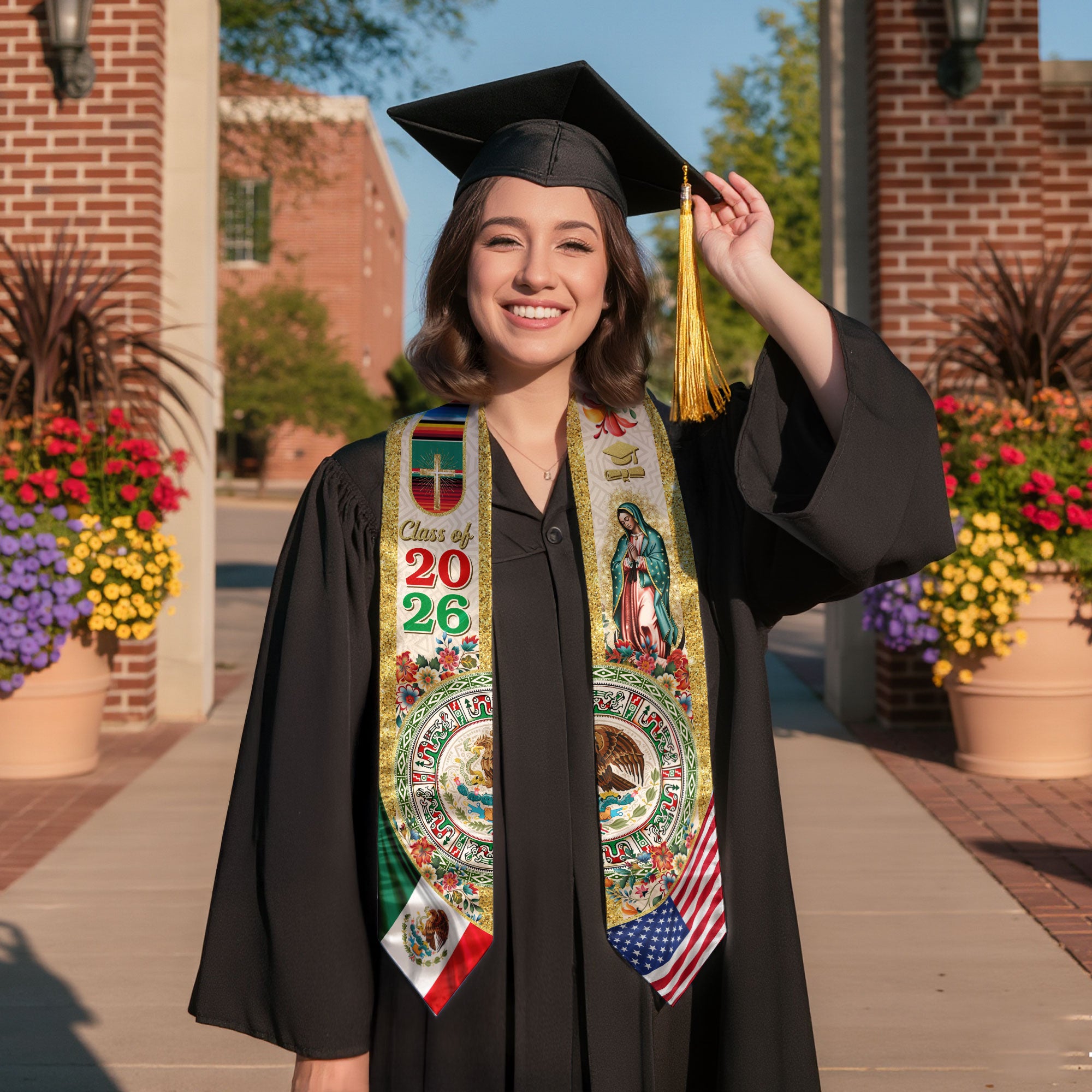 Mexico Graduation Stole Class of 2026 – Virgen De Guadalupe Mexican Flag Sash