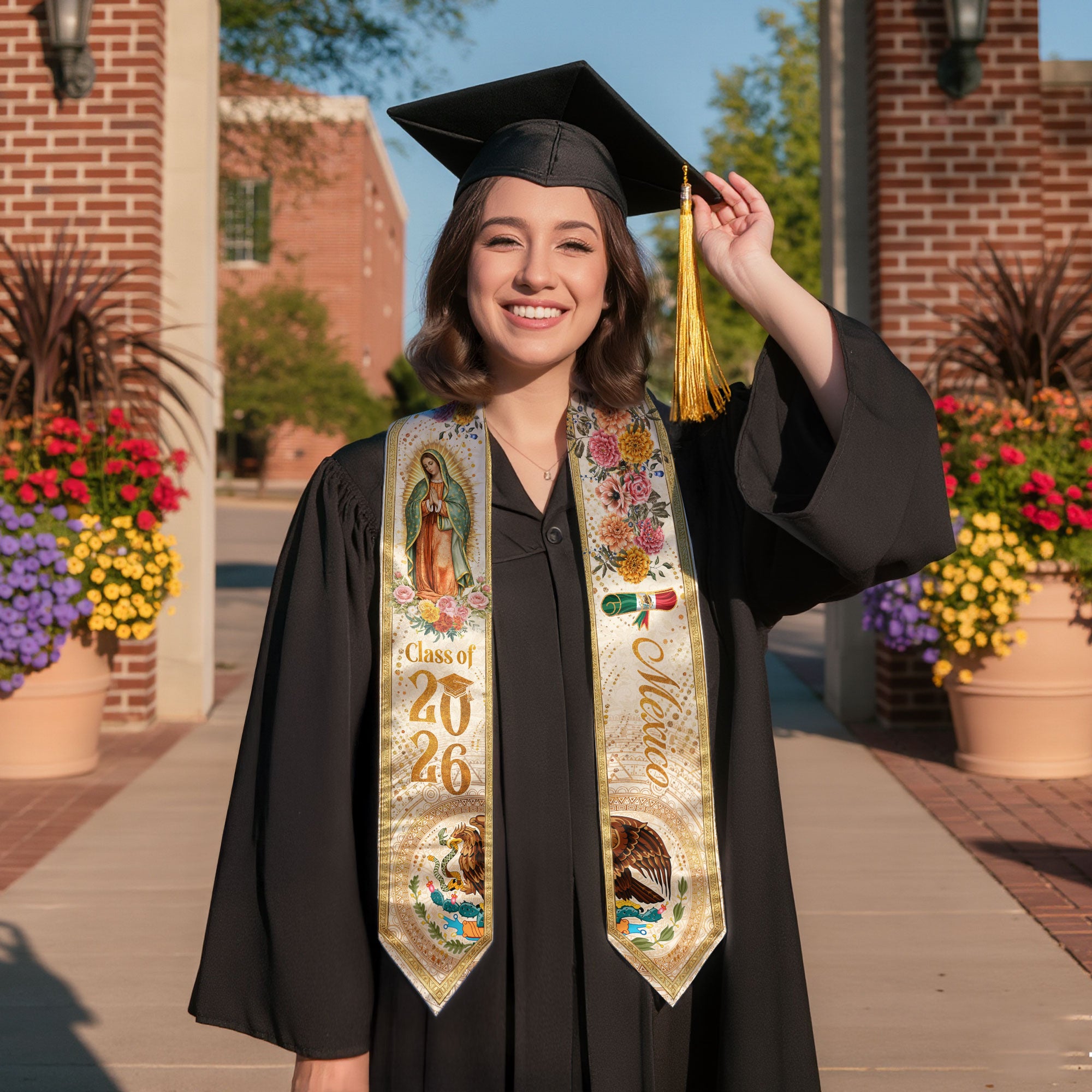 Mexico Graduation Stole 2026 Virgin Guadalupe Floral Aztec Eagle Pride Sash