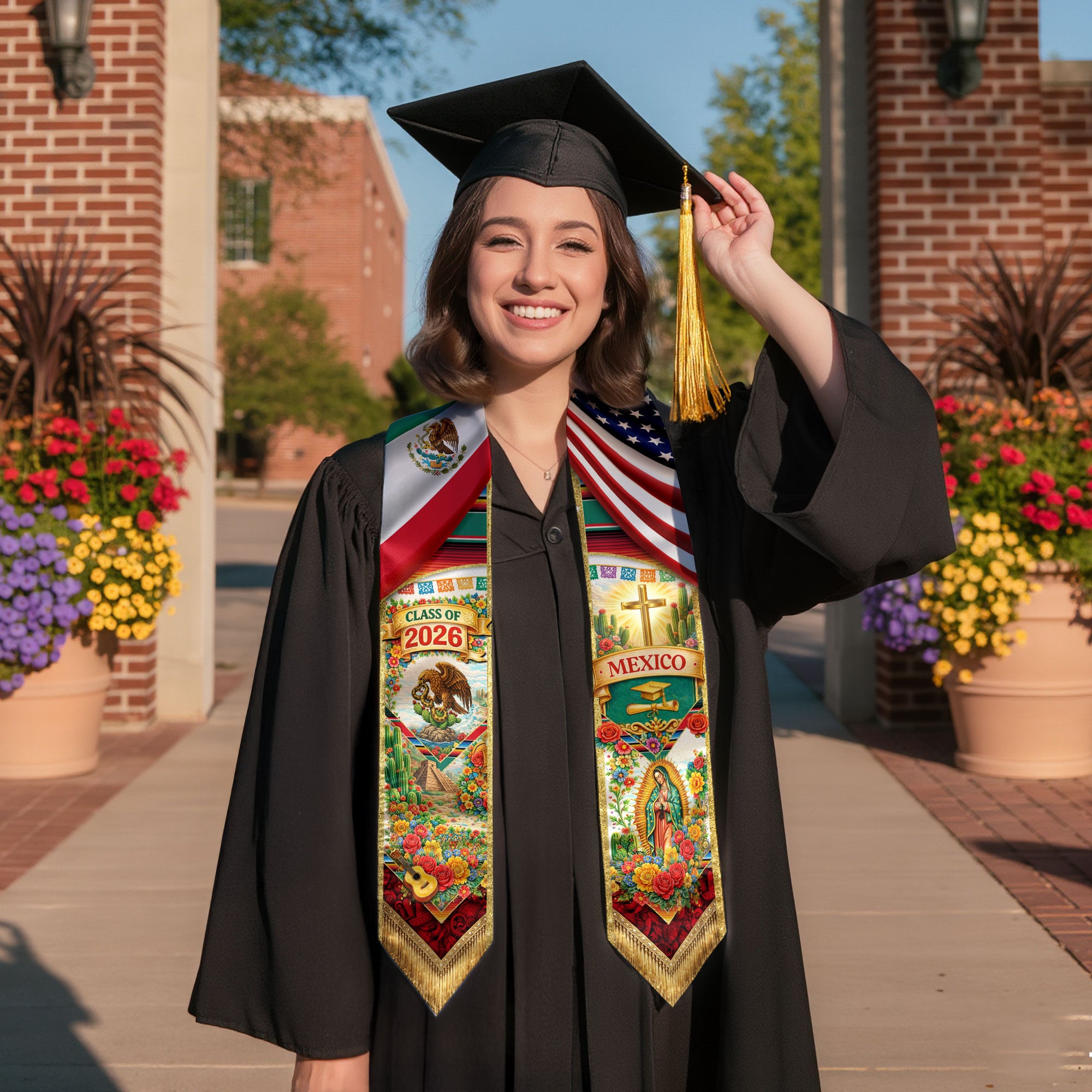 Mexico Class of 2026 Graduation Stole Guadalupe Eagle Cross USA Flag Sash