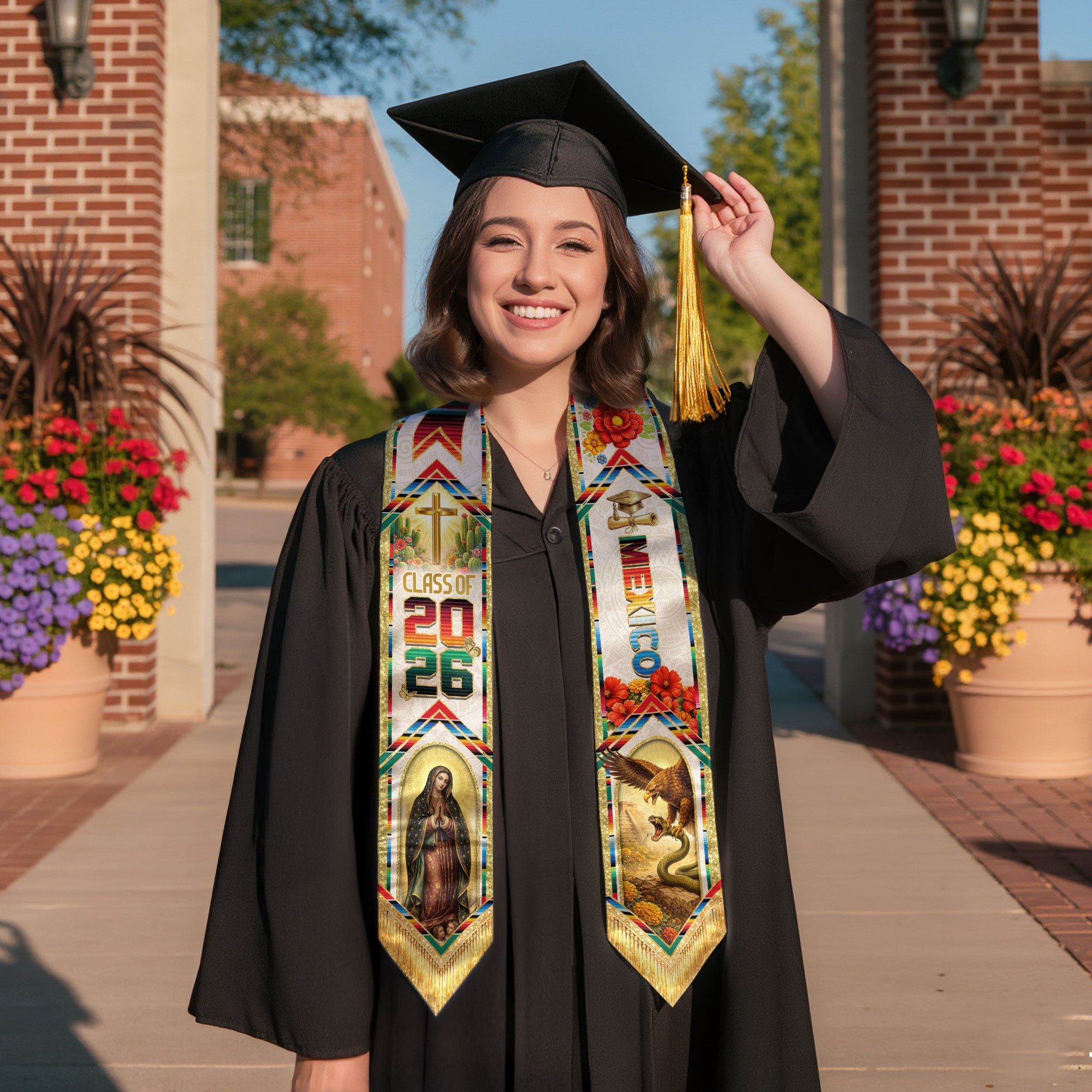 Mexican Graduation Stole 2026 Guadalupe Cross Eagle Snake Serape Sash