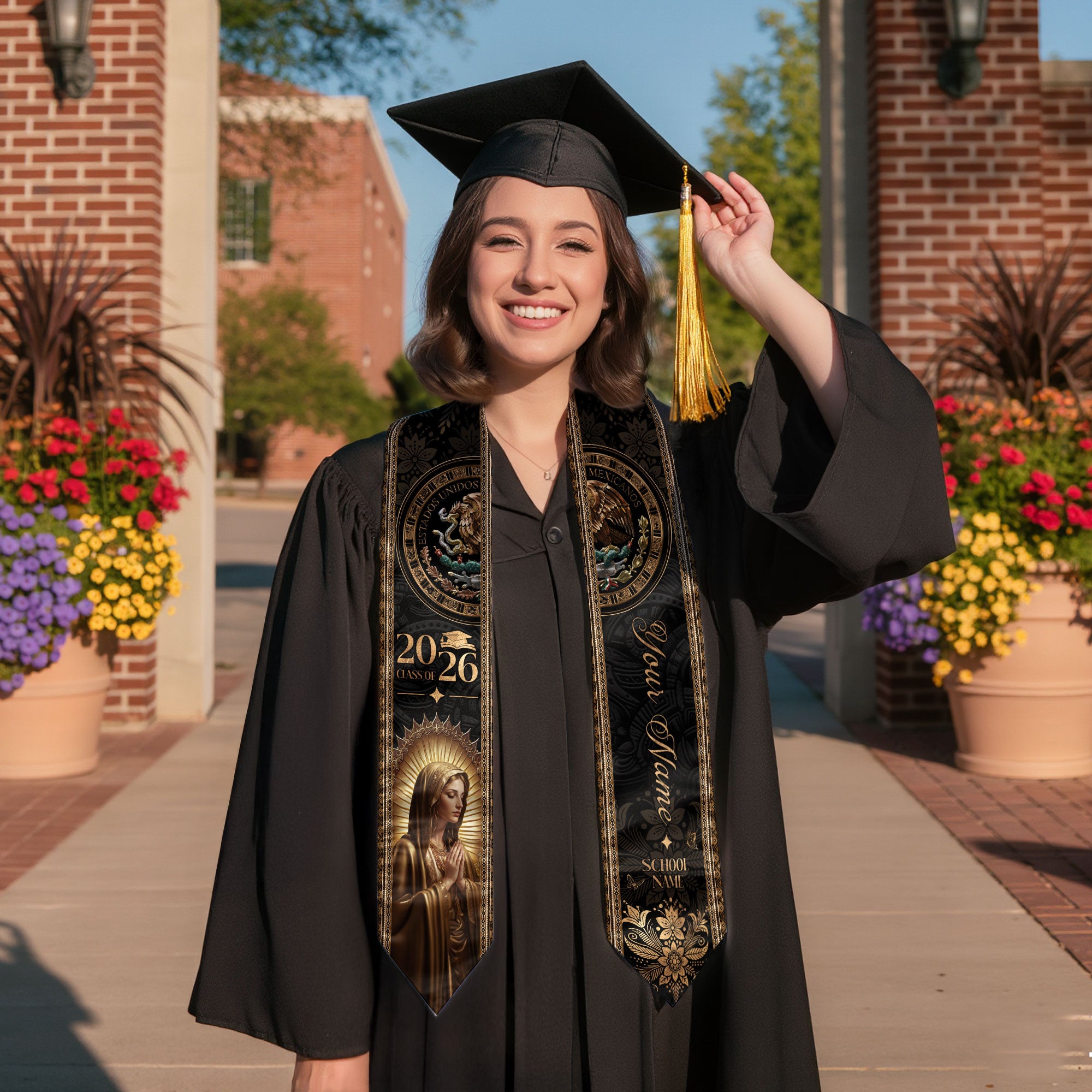 Custom Mexican Graduation Stole 2026 Virgin Mary Gold Eagle Heritage Black Luxury Sash