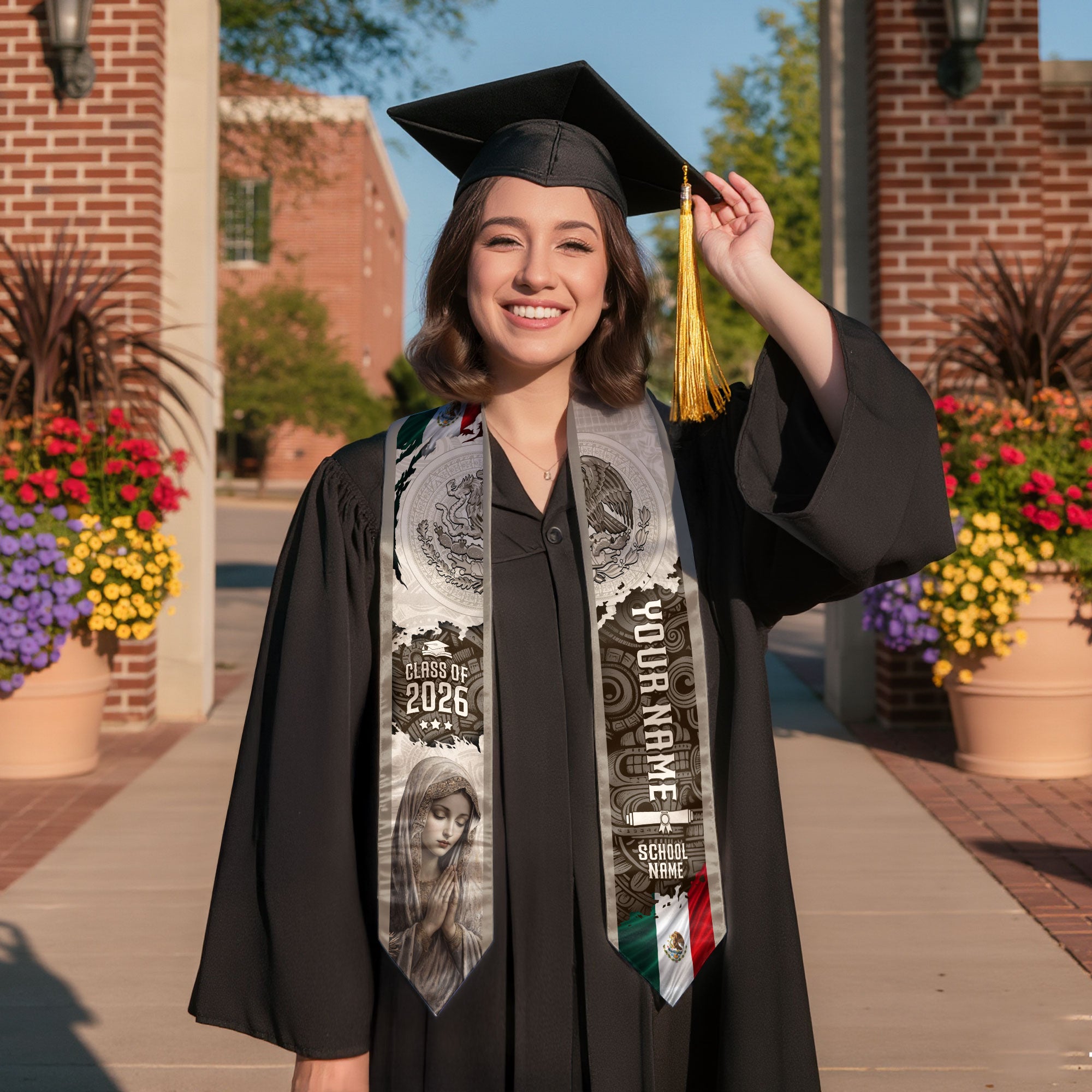 Custom Mexican Graduation Stole Class of 2026 Virgin Mary Guadalupe Heritage Sash Gift