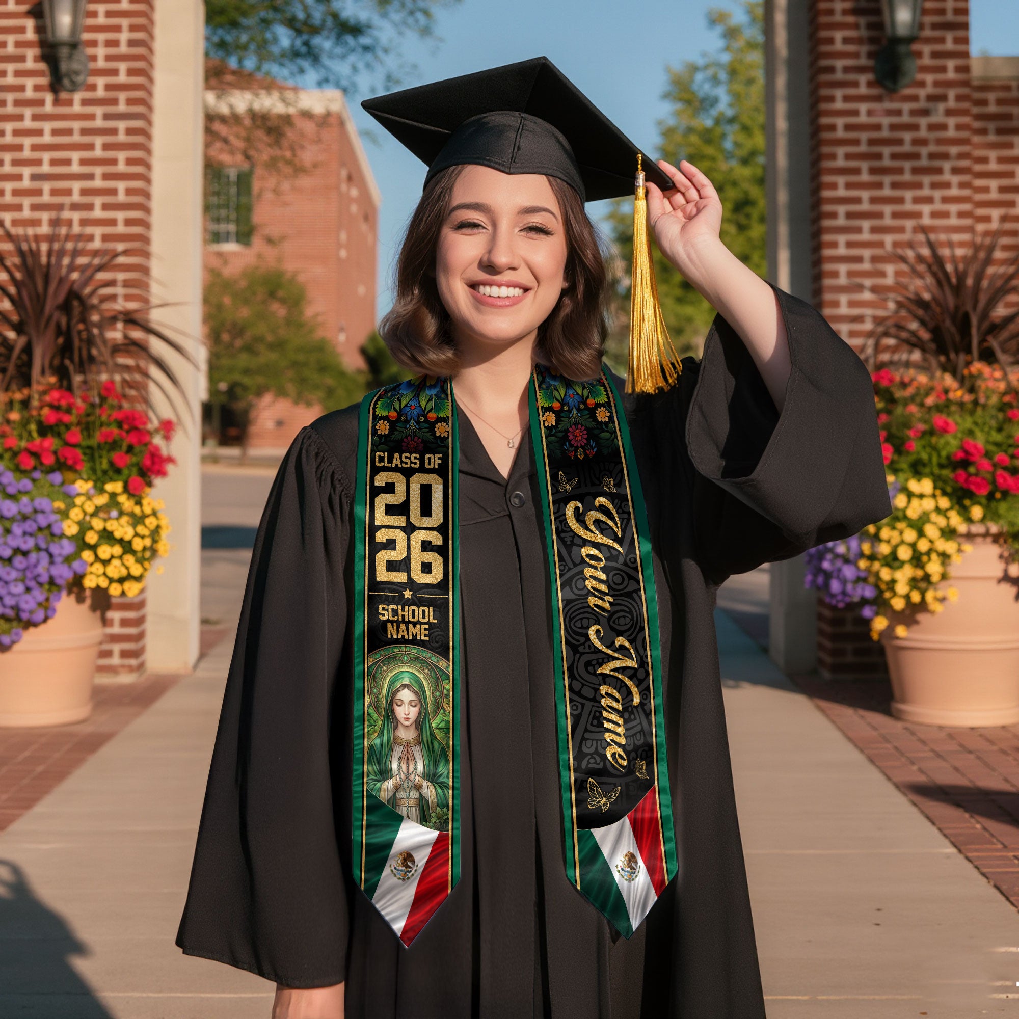 Personalized Mexico Flag Graduation Stole 2026 Our Lady of Guadalupe Floral Kente Sash