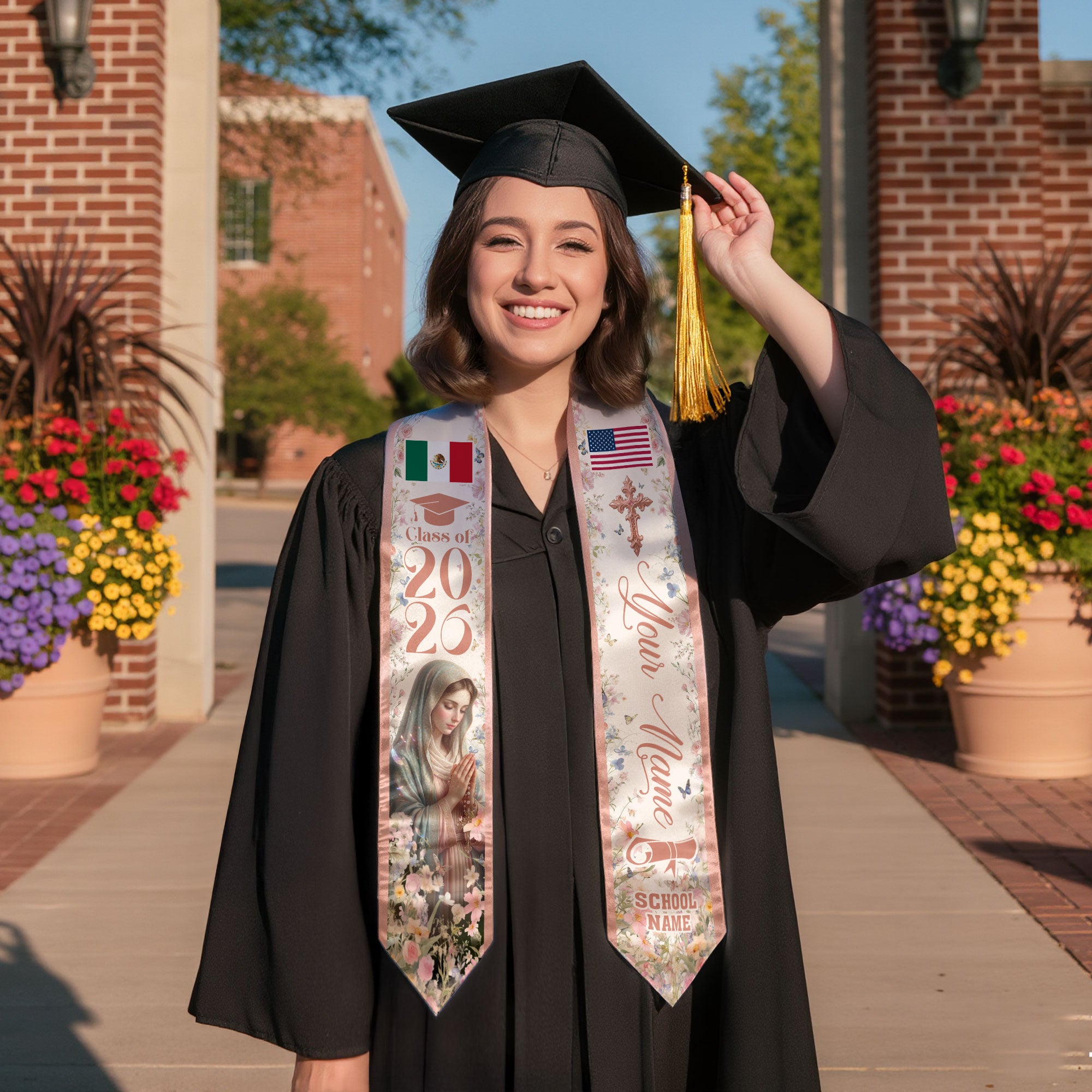 Custom Mexican American Graduation Stole 2026 Virgin Mary Floral Mexico USA Flag Sash
