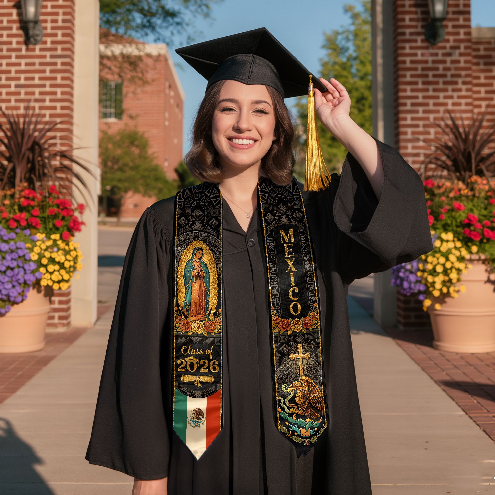 Our Lady of Guadalupe Graduation Stole 2026 - Aztec Sun Stone Mexico Heritage Sash