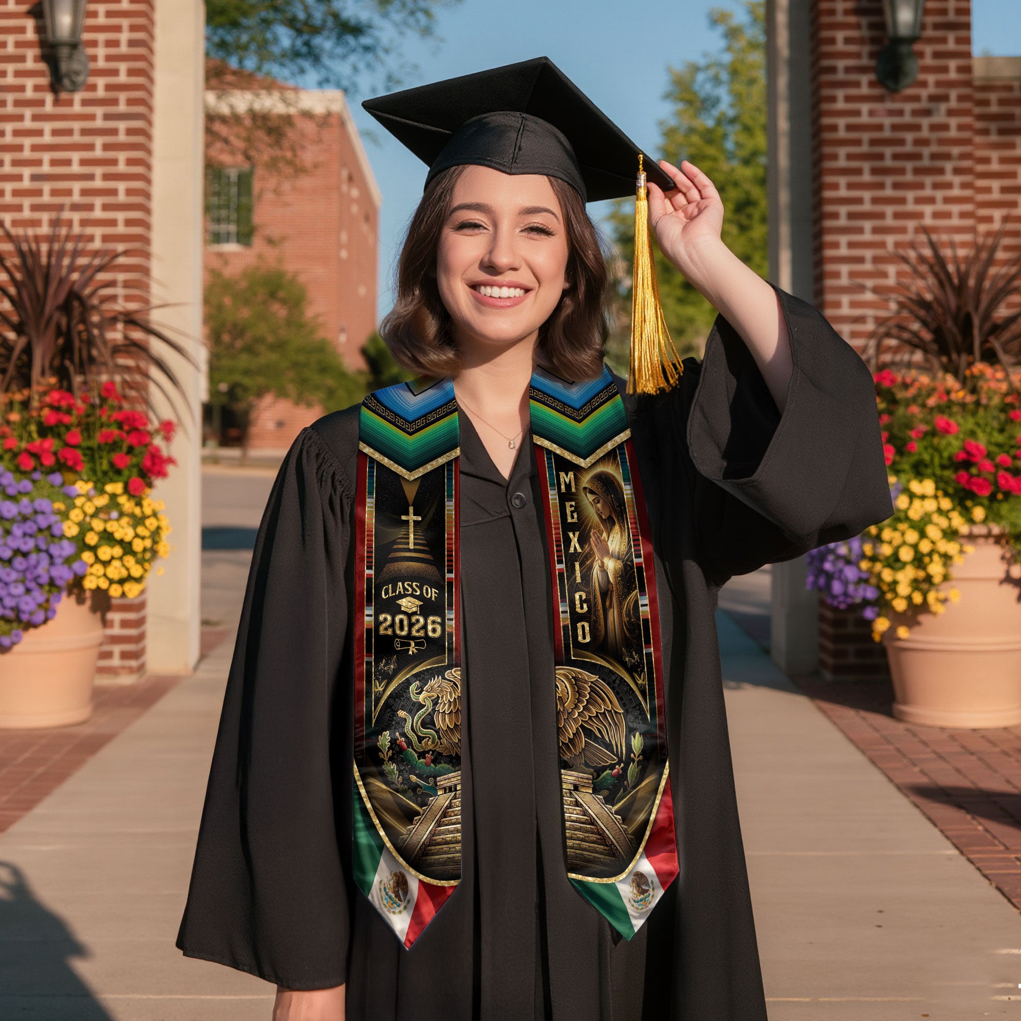 Mexican Graduation Stole Class of 2026 - Aztec Eagle & Virgin Mary Sash